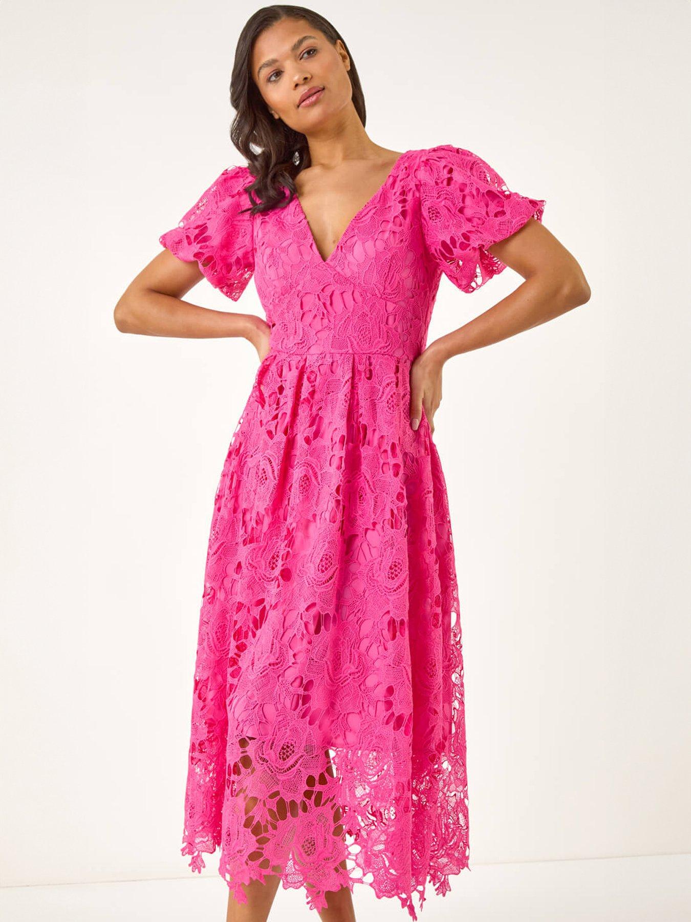 Roman Crochet Lace V-Neck Midi Dress