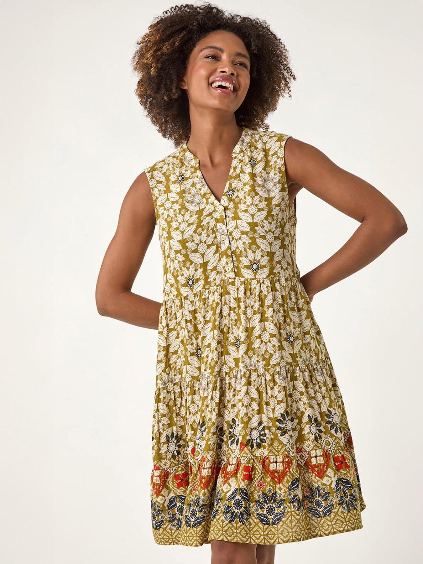 Image 1 of 5 of Roman Leaf Print Button Smock Dress