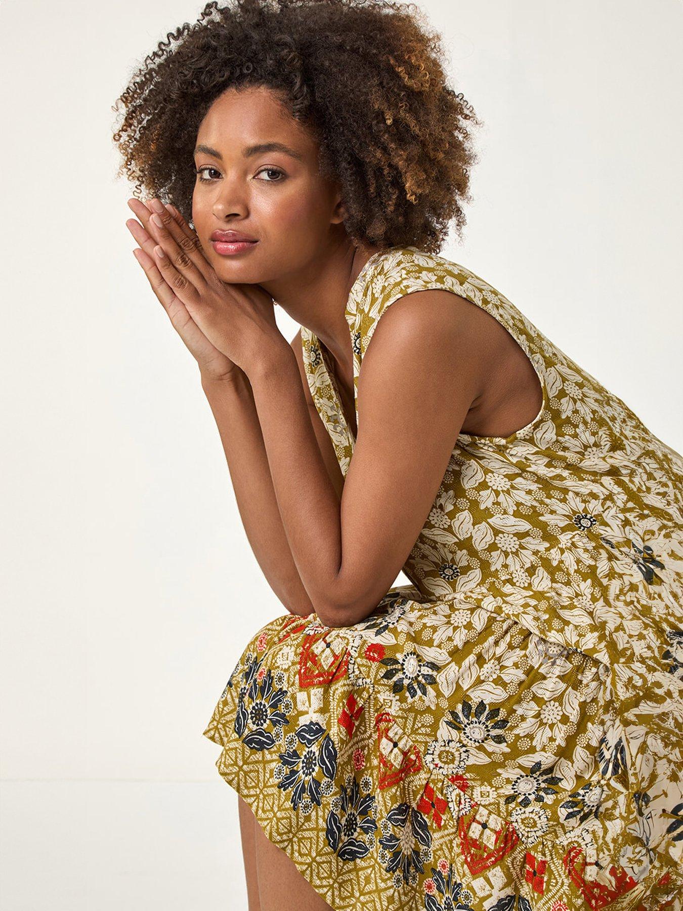Image 4 of 5 of Roman Leaf Print Button Smock Dress