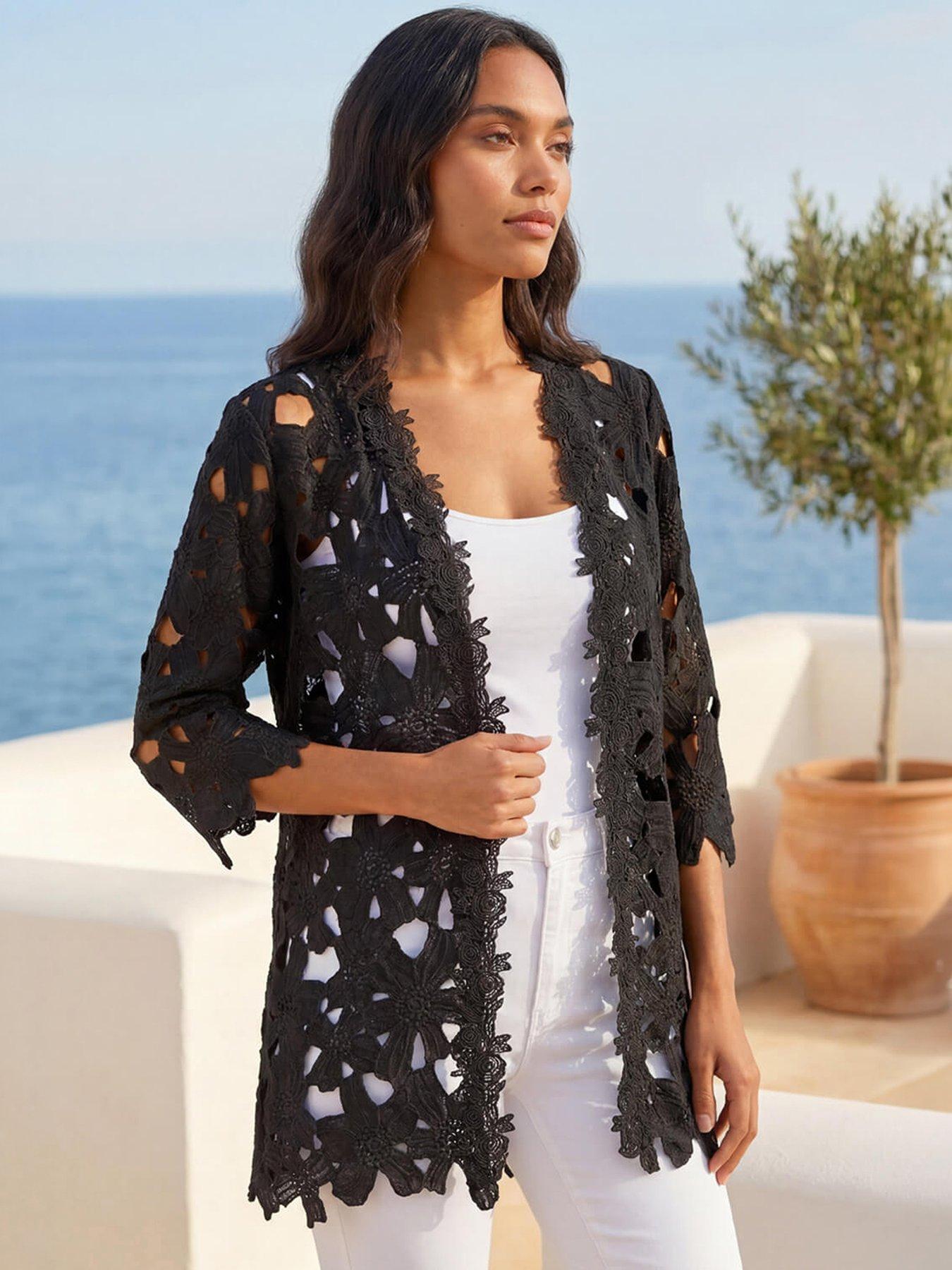 Roman Women's Black Crochet Lace Longline Jacket Size 14 - Image 2