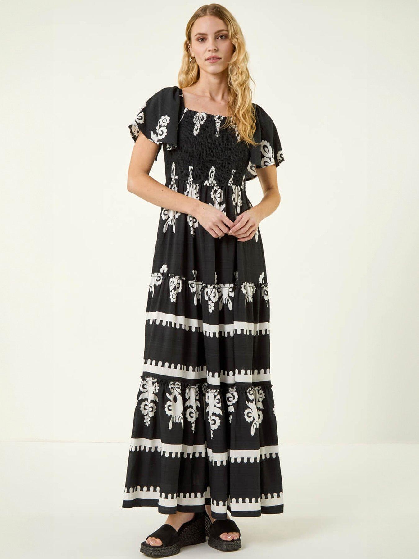 Roman Border Print Shirred Midi Dress, Black, Size 10, Women