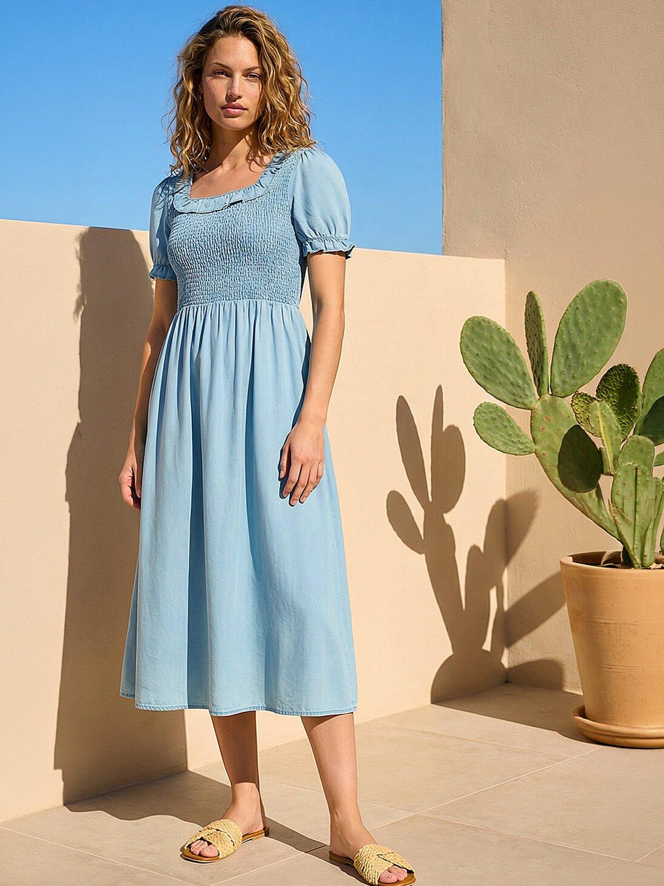 Roman Shirred Frill Midi Dress, Blue, Size 18, Women