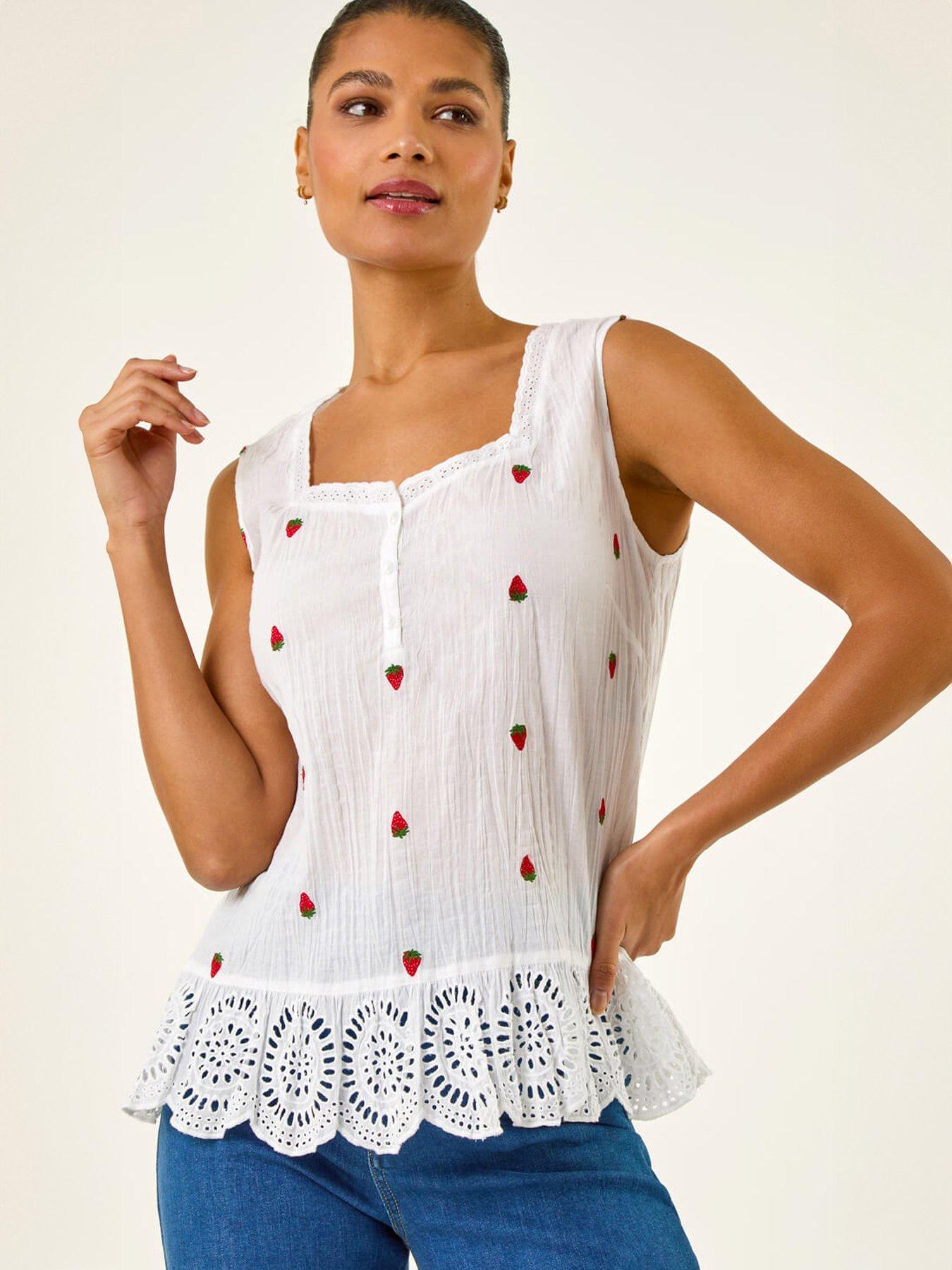 Roman Strawberry Embroidered Crinkle Vest Top