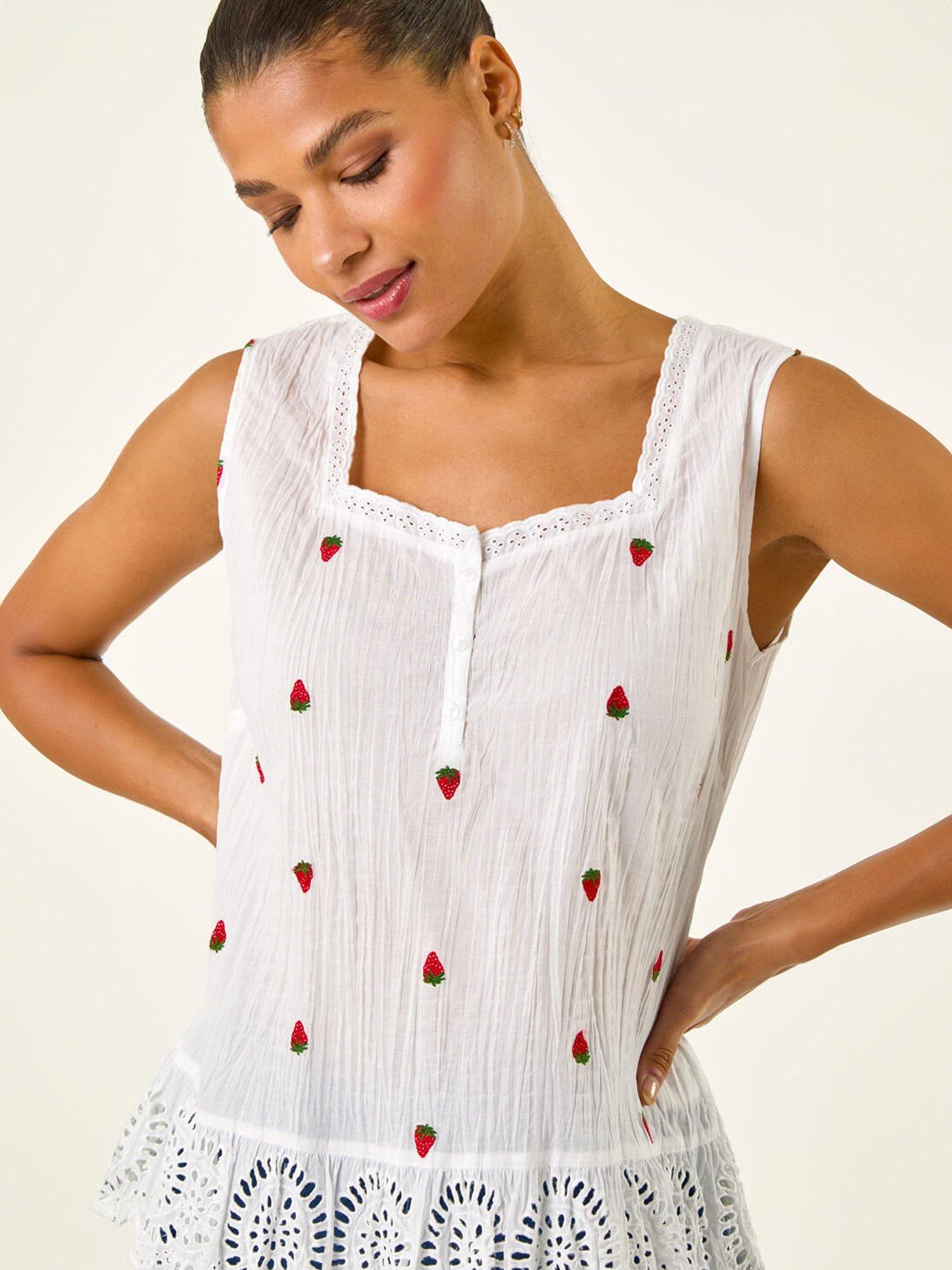 Image 5 of 5 of Roman Strawberry Embroidered Crinkle Vest Top