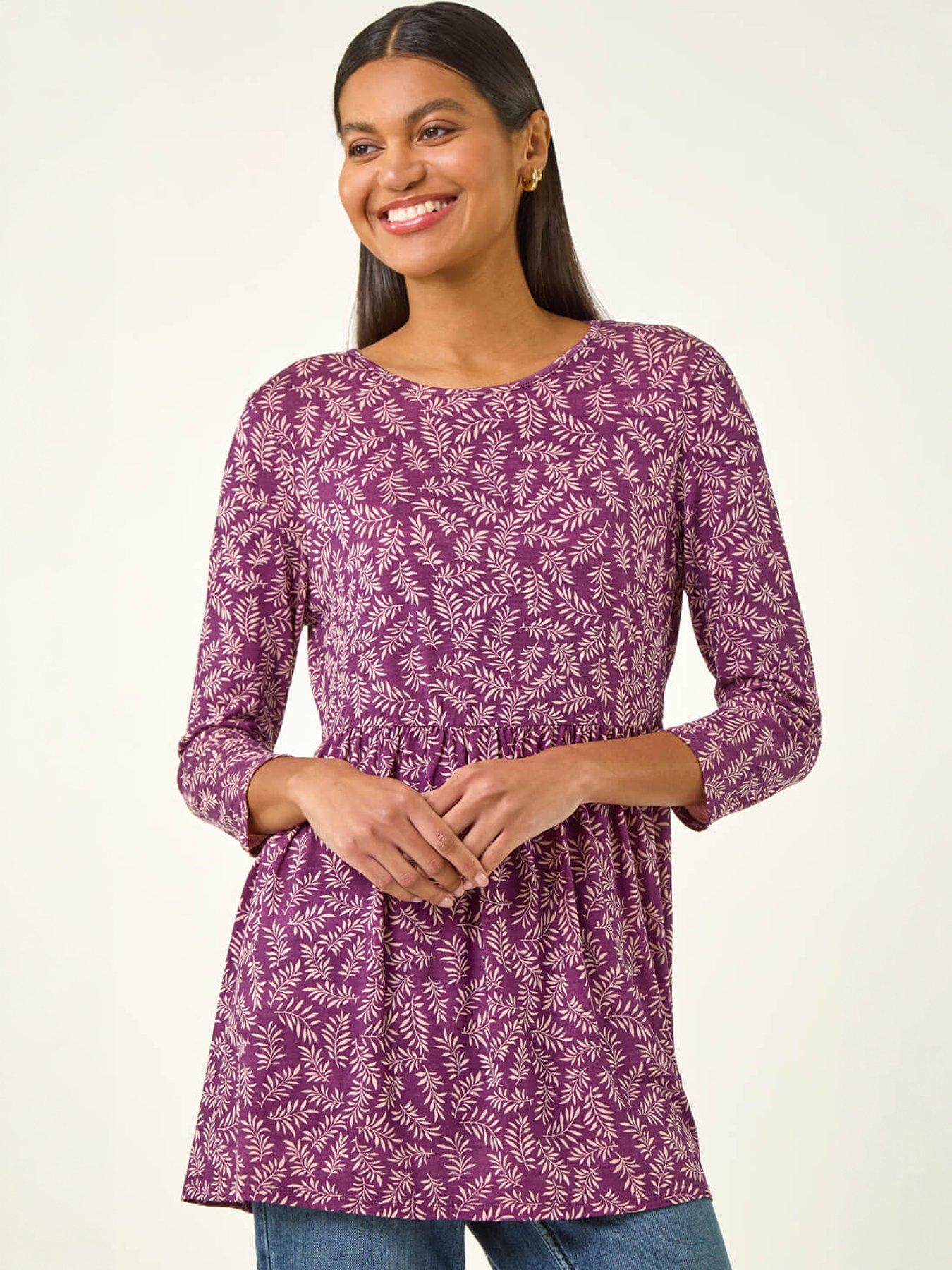 Roman Leaf Print Gathered Tunic Top, Purple, Size 14, Women