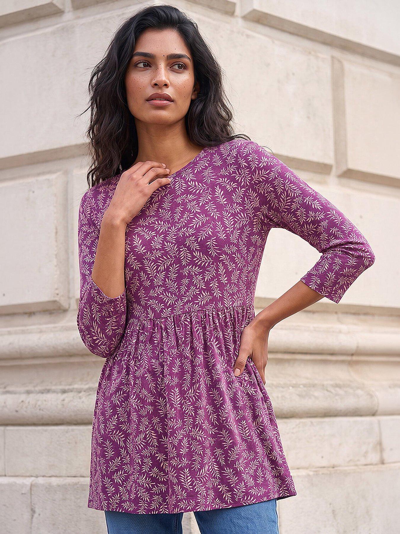 Roman Leaf Print Gathered Tunic Top