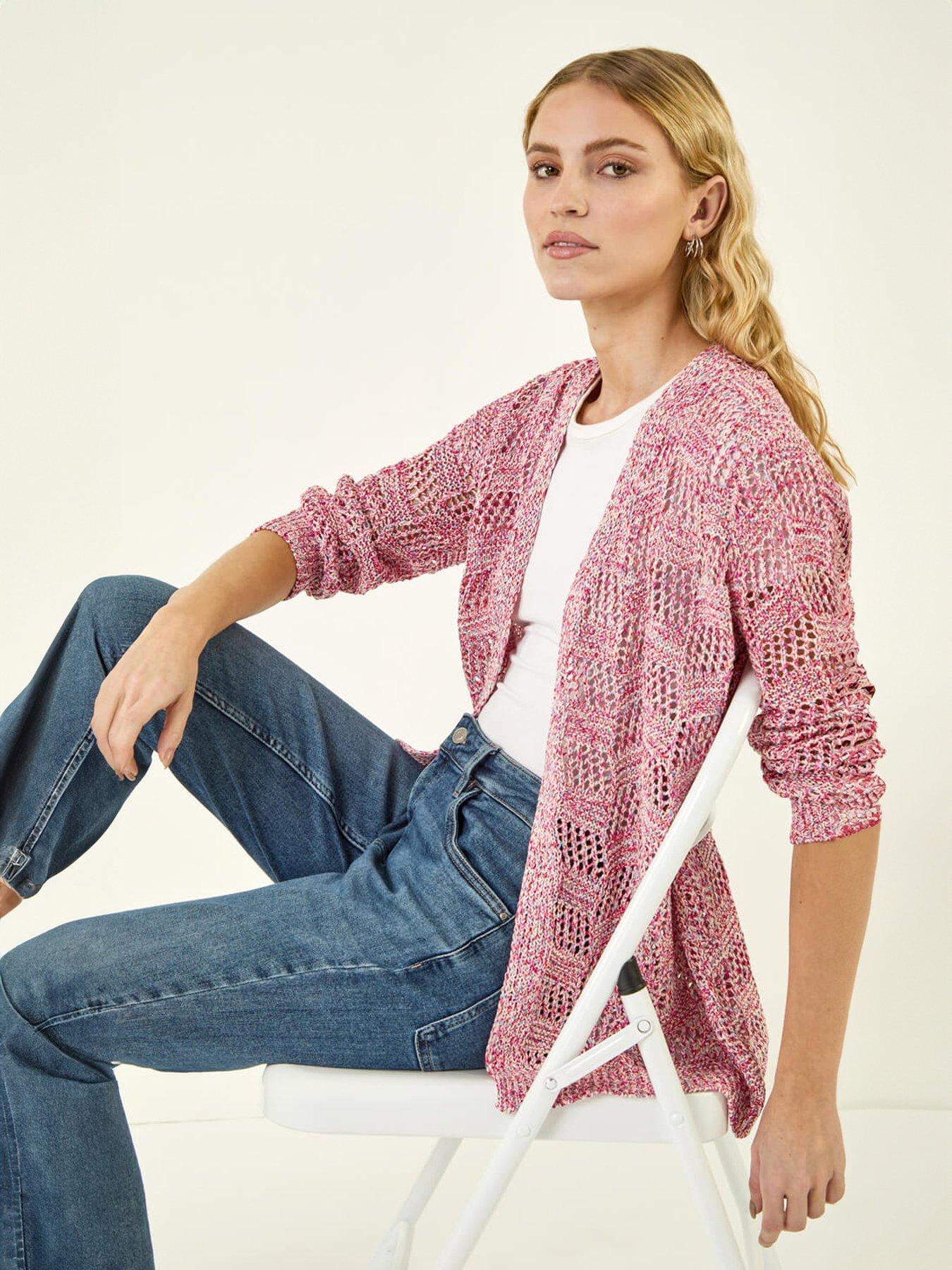 Roman Tape Knit Cotton Blend Cardigan, Pink, Size 18, Women