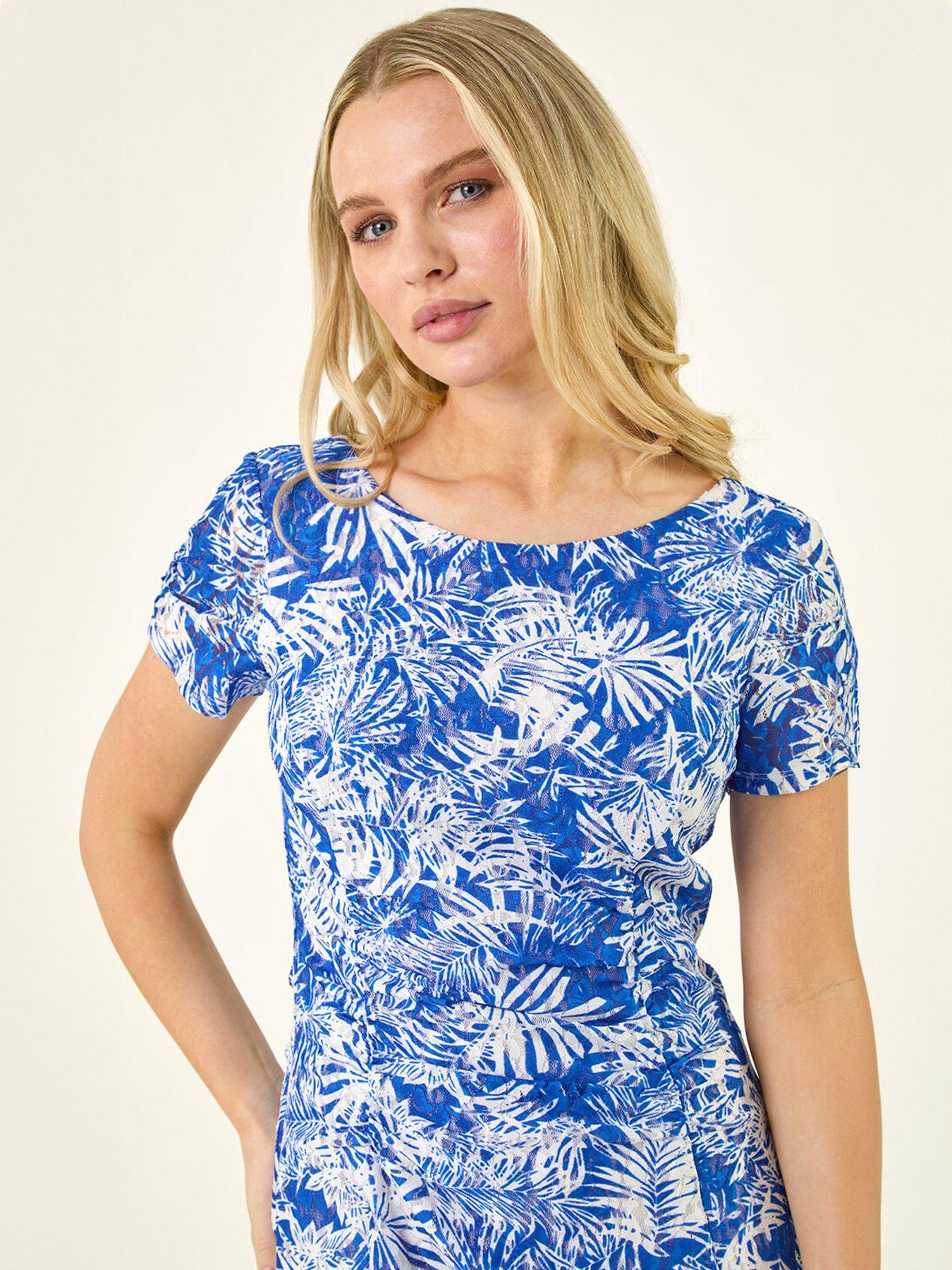 Image 4 of 5 of Roman Petite Lace Print Gathered Stretch Dress