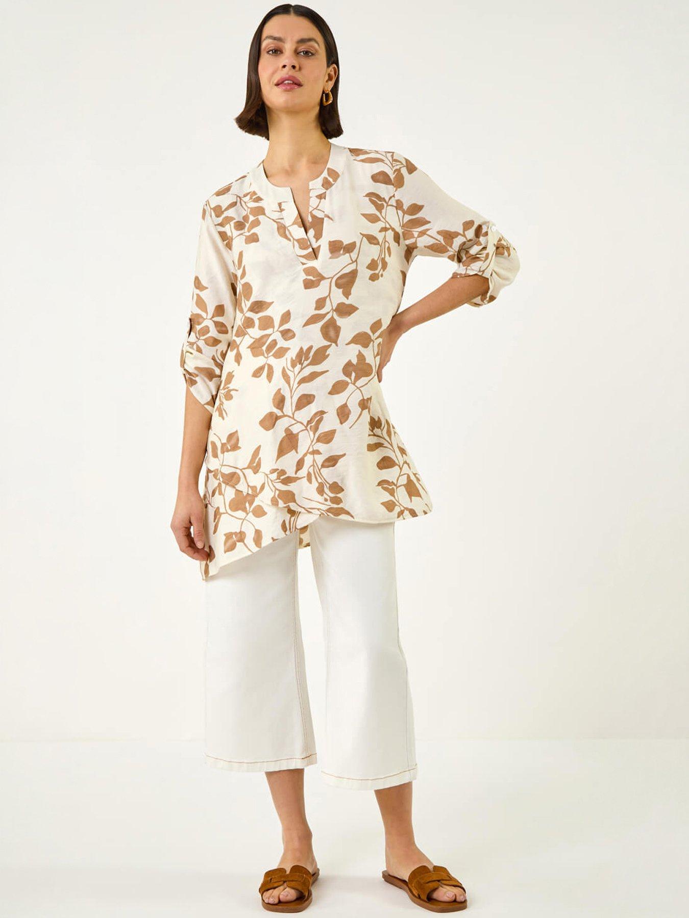 Roman Leaf Print Wrap Hem Tunic Top, Cream, Size 18, Women