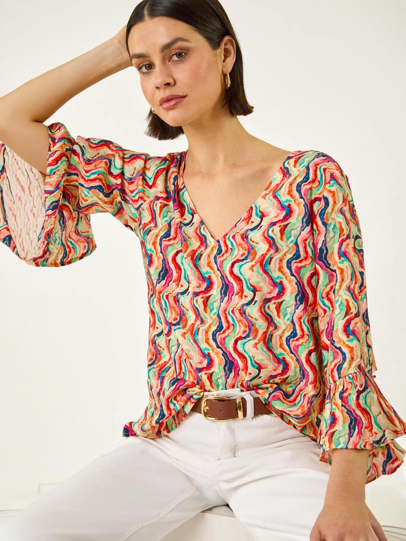 Image 1 of 5 of Roman Abstract Wave Print Flared Sleeve Top