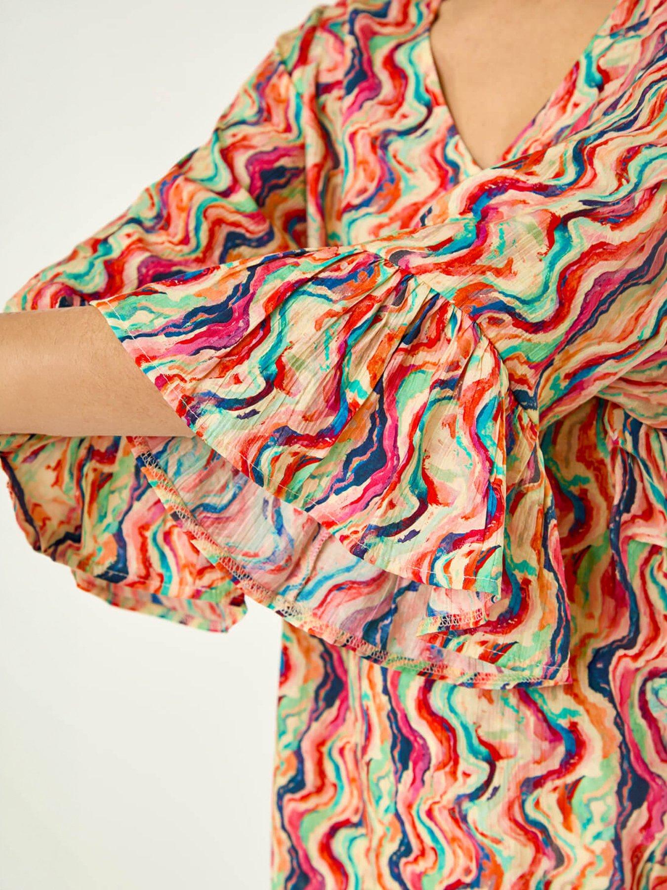 Image 2 of 5 of Roman Abstract Wave Print Flared Sleeve Top