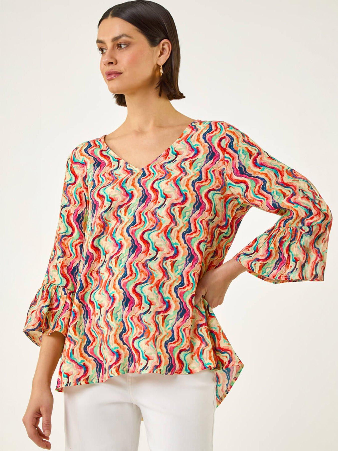 Image 3 of 5 of Roman Abstract Wave Print Flared Sleeve Top
