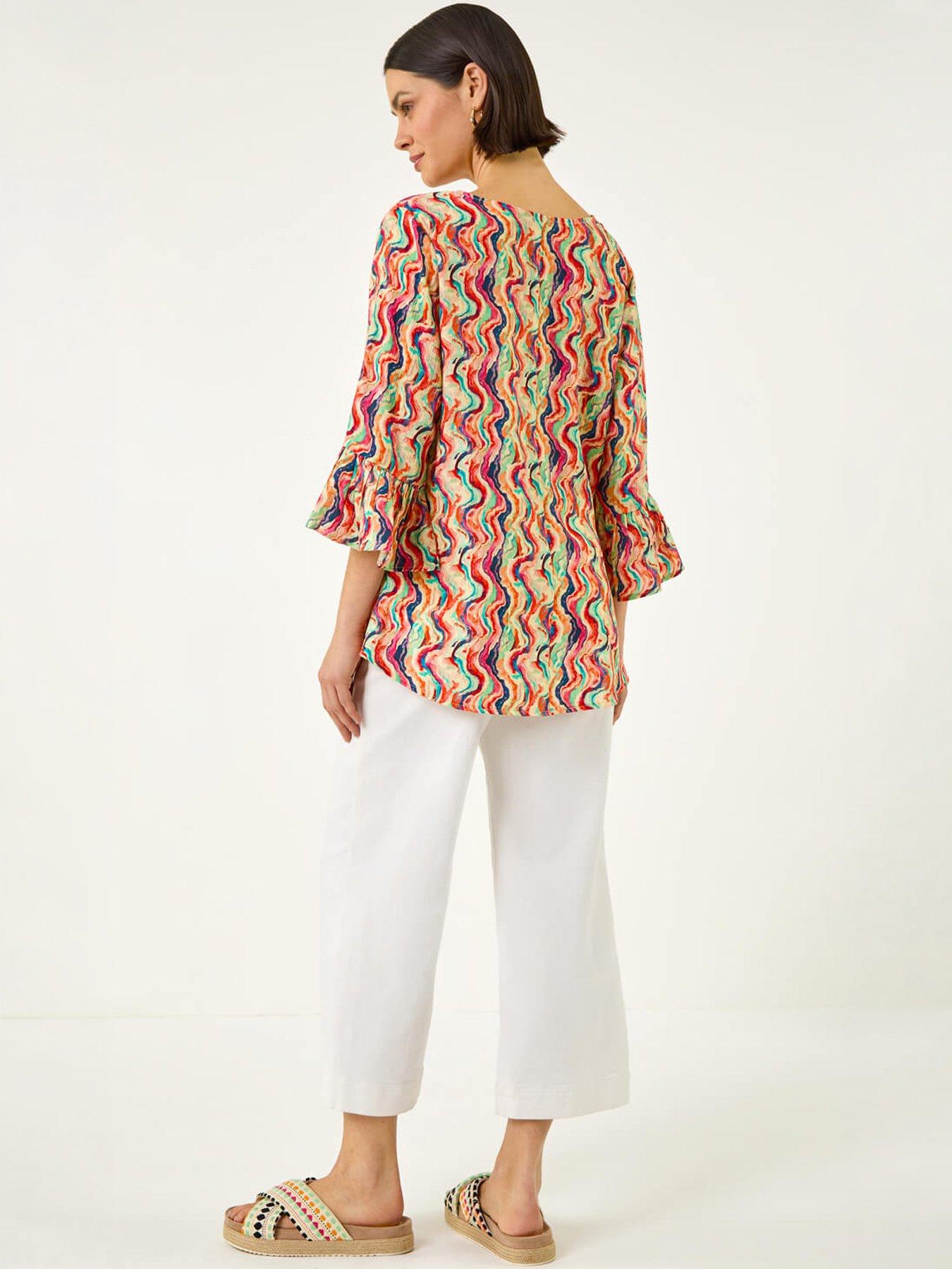 Image 4 of 5 of Roman Abstract Wave Print Flared Sleeve Top