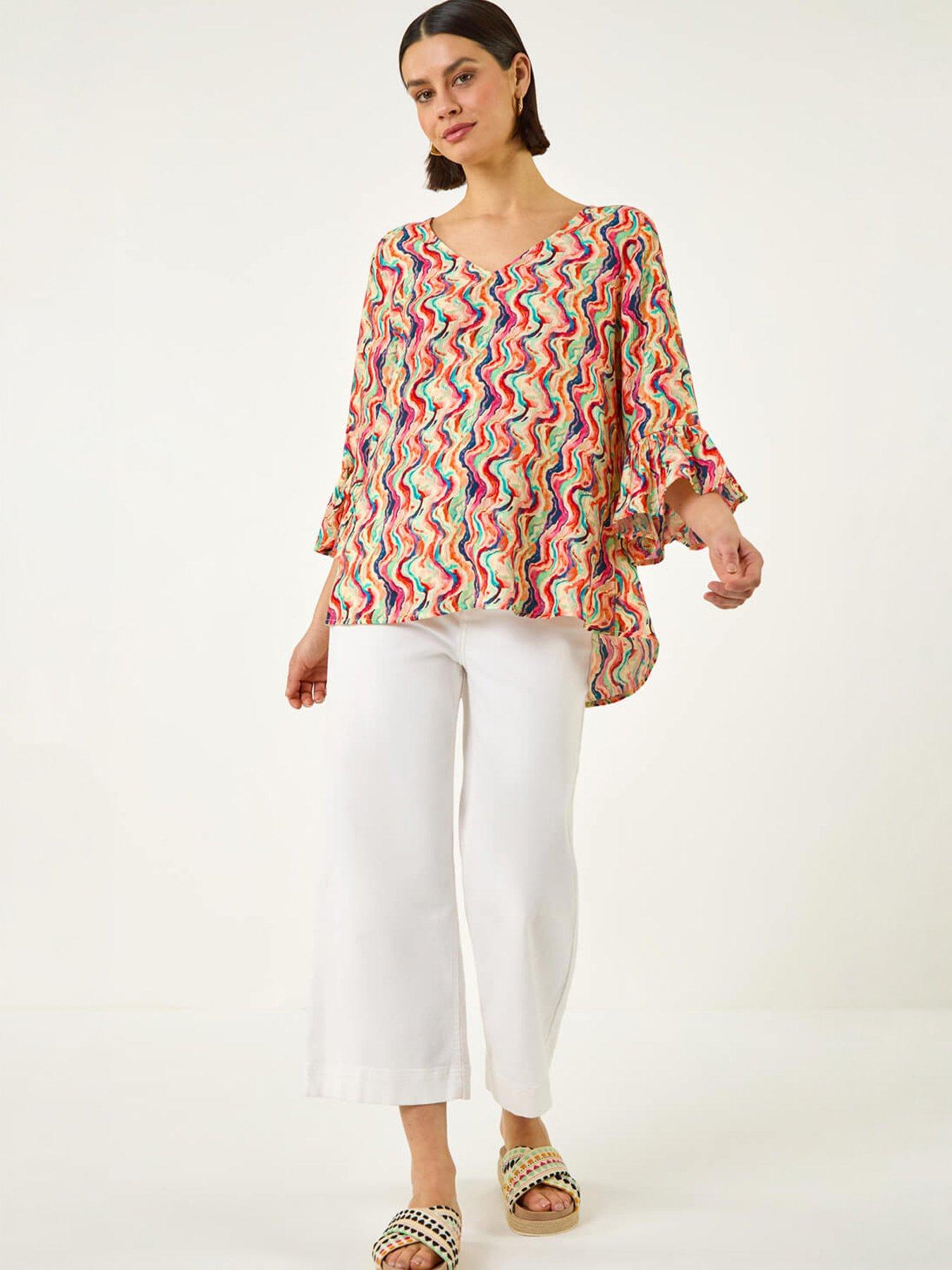 Image 5 of 5 of Roman Abstract Wave Print Flared Sleeve Top