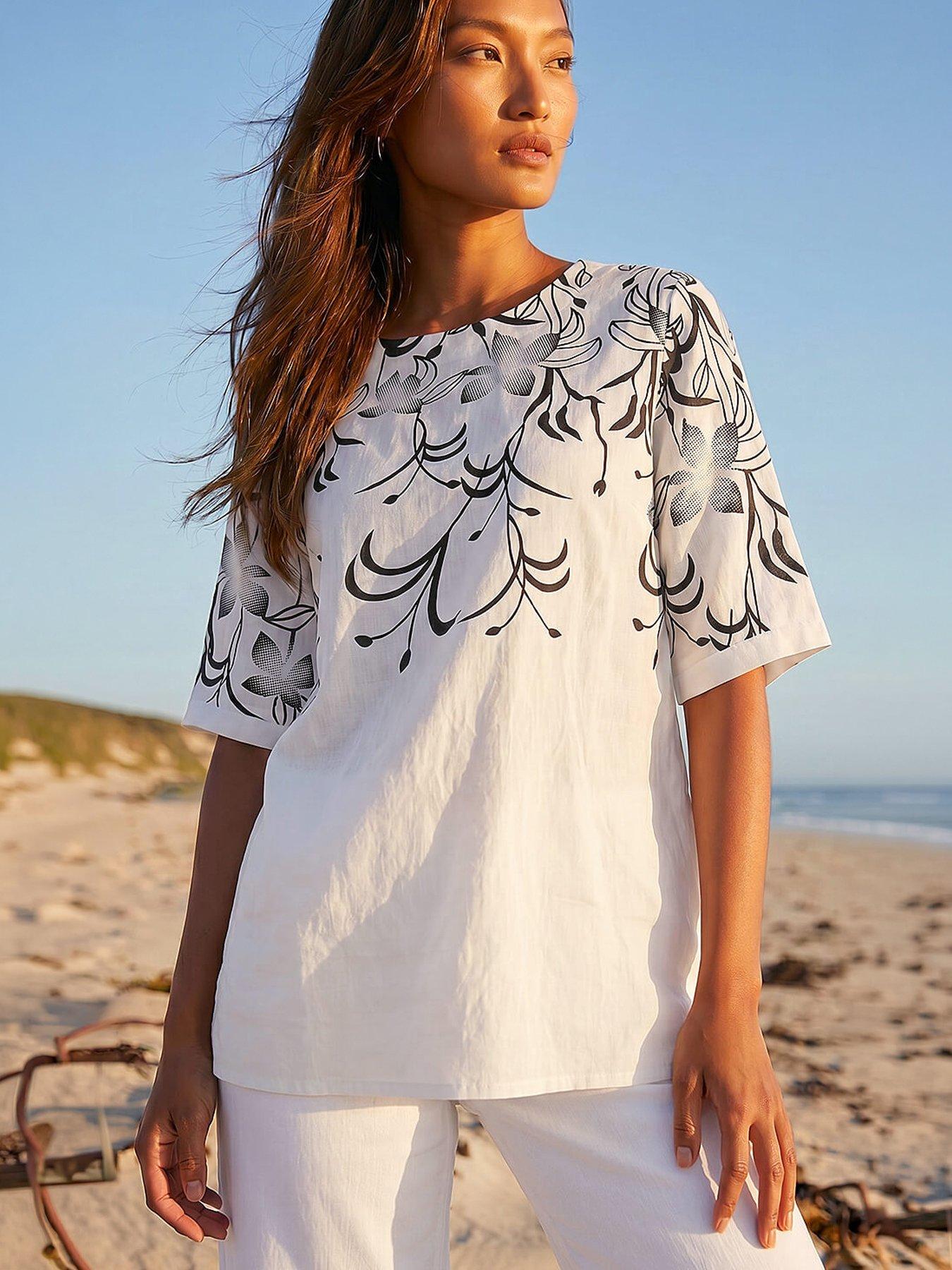 Roman Floral Mono Print Top, White, Size 10, Women