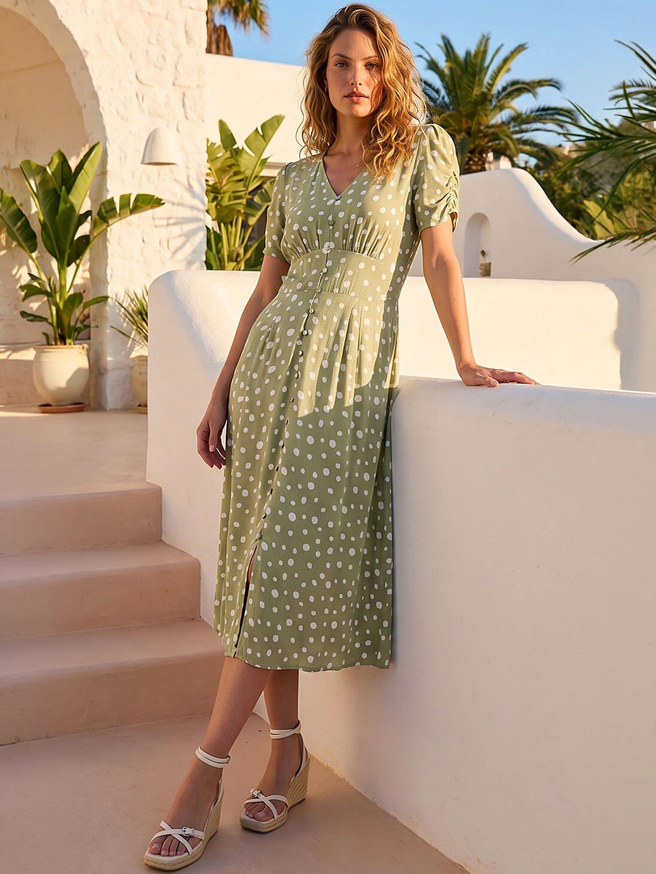 Roman Polka Dot Ruched Sleeve Midi Dress