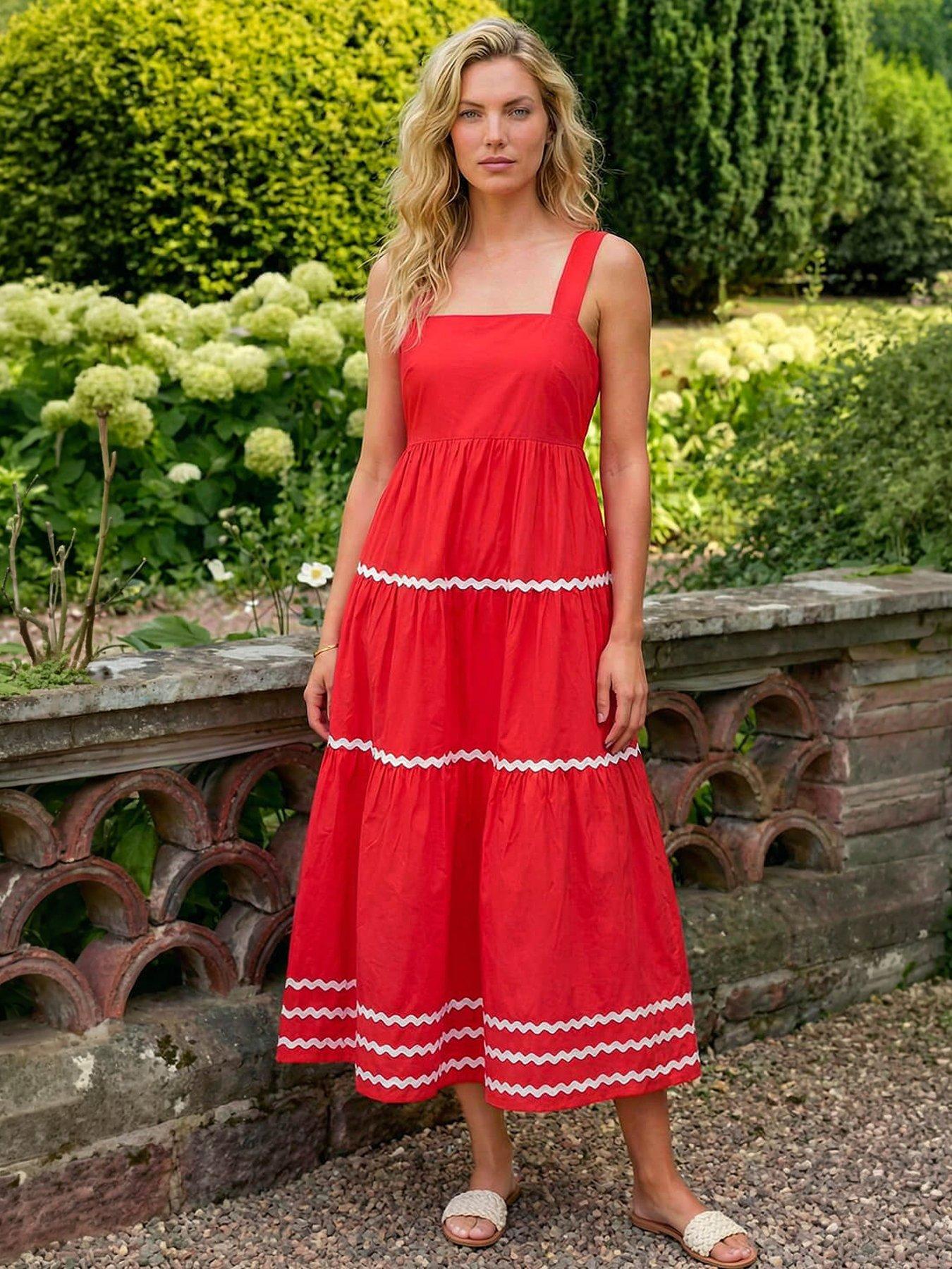 Roman Ric Rac Tiered Midi Dress, Pink, Size 18, Women