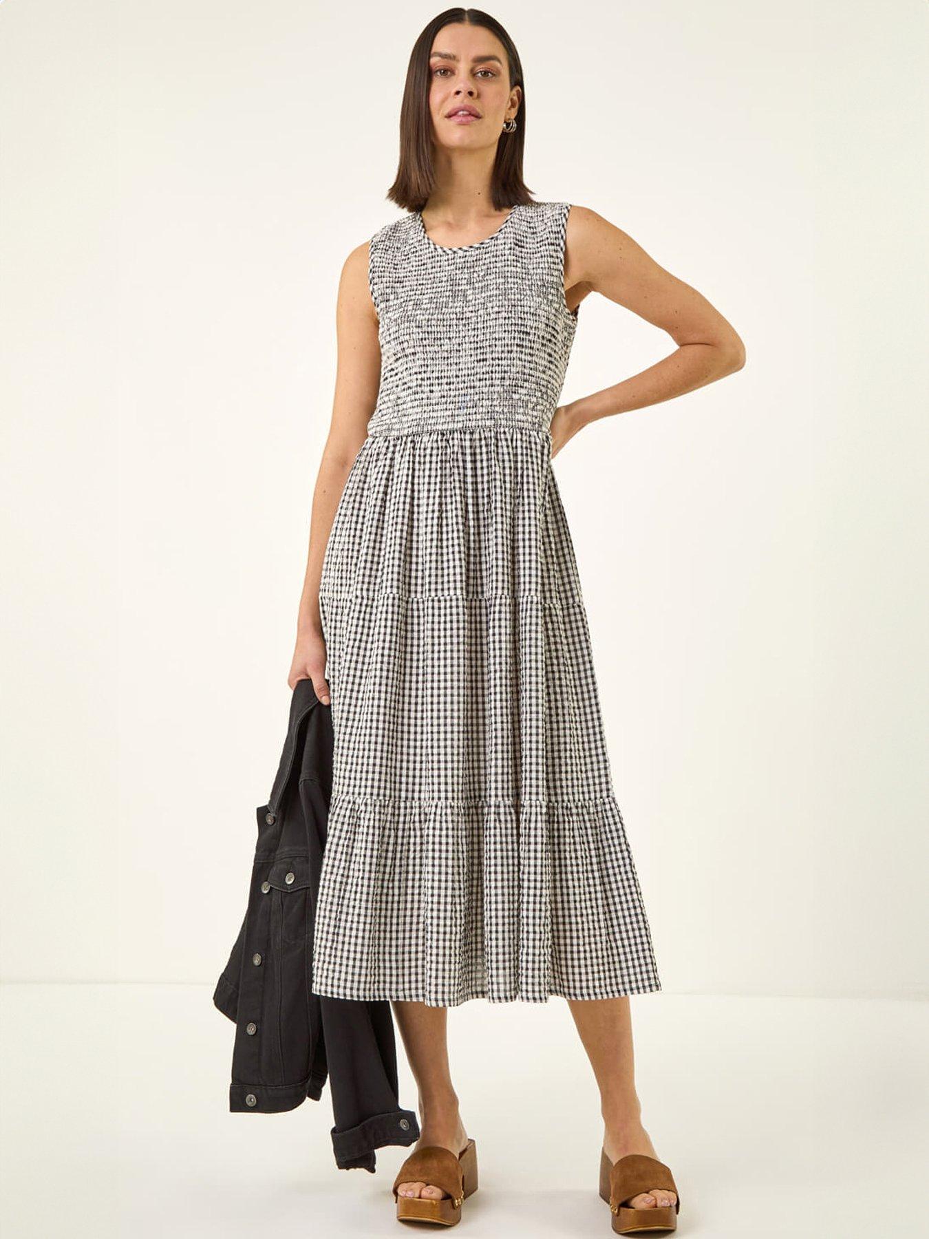 Roman Gingham Shirred Midi Dress
