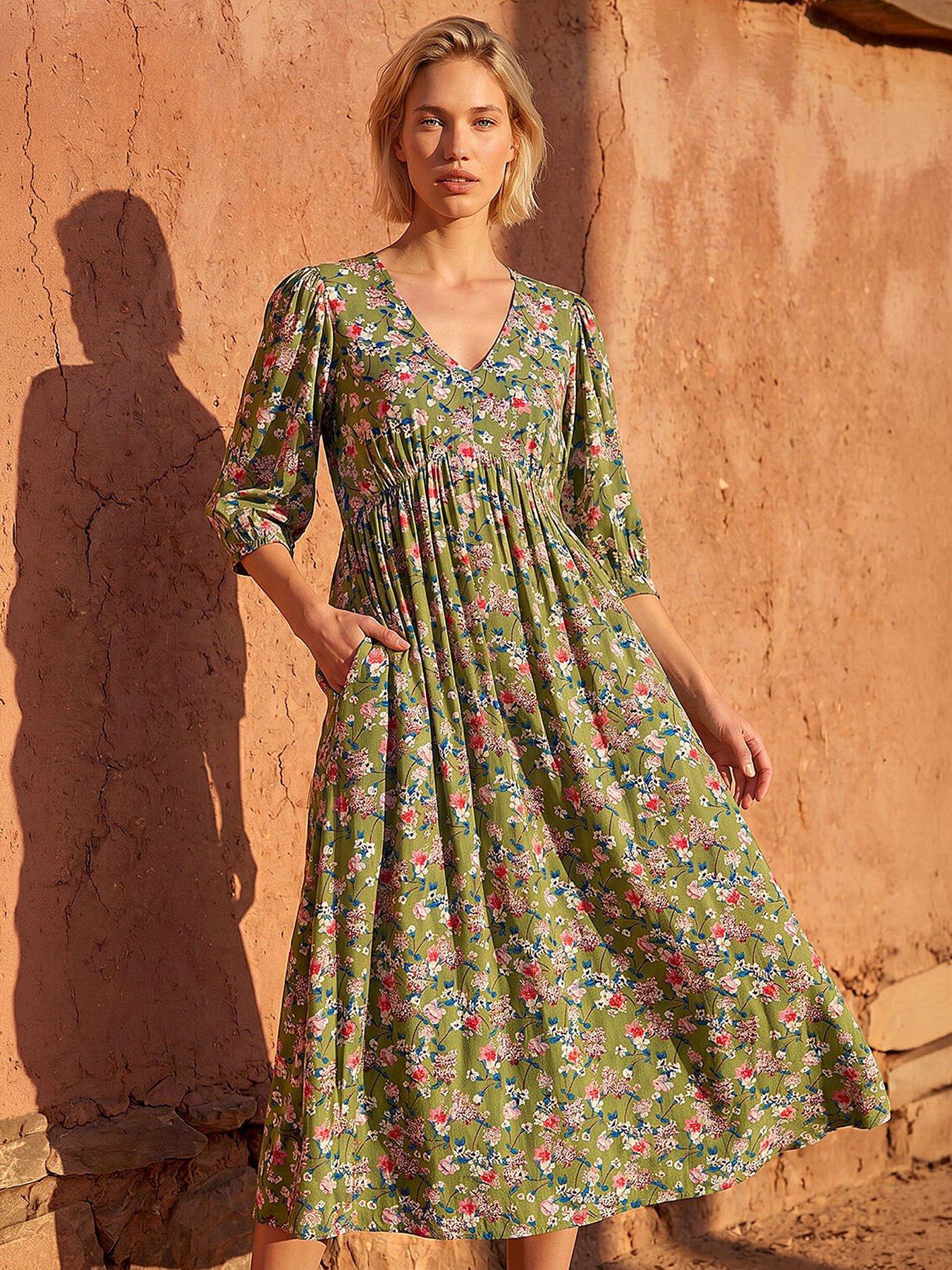 Roman Floral Print V-Neck Midi Dress