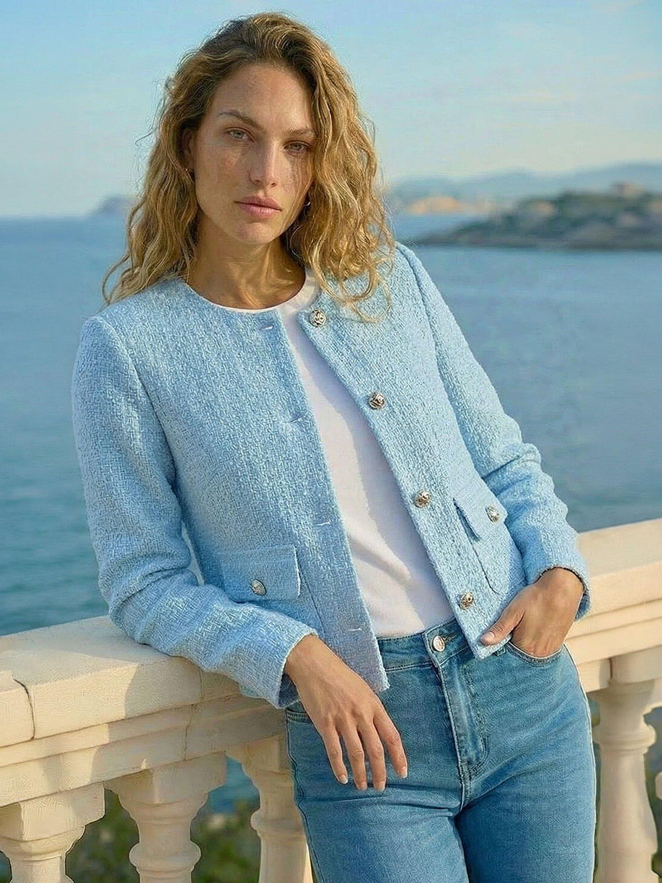 Roman Collarless Buttoned Boucle Jacket, Blue, Size 12, Women