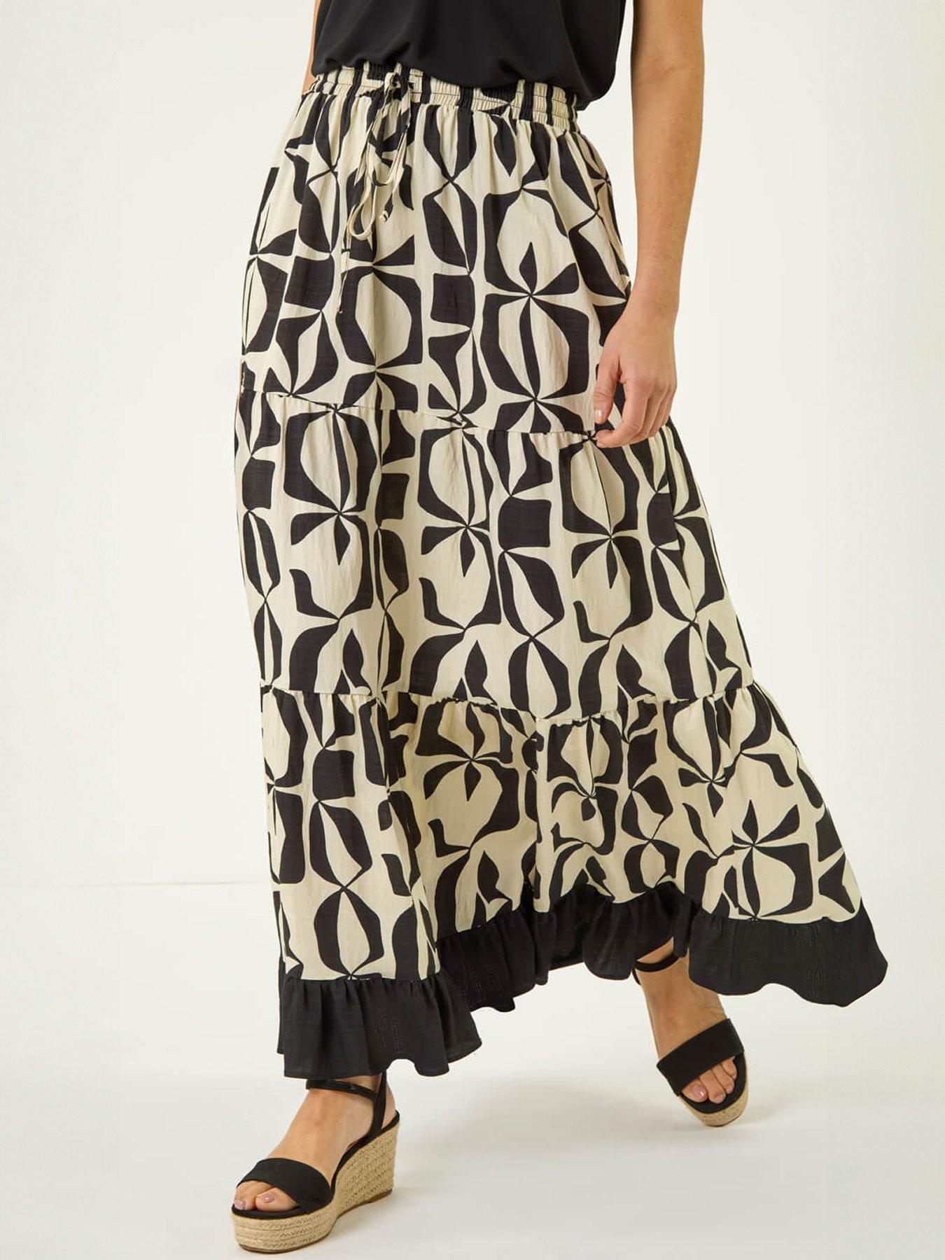 Roman Mono Print Tiered Maxi Skirt