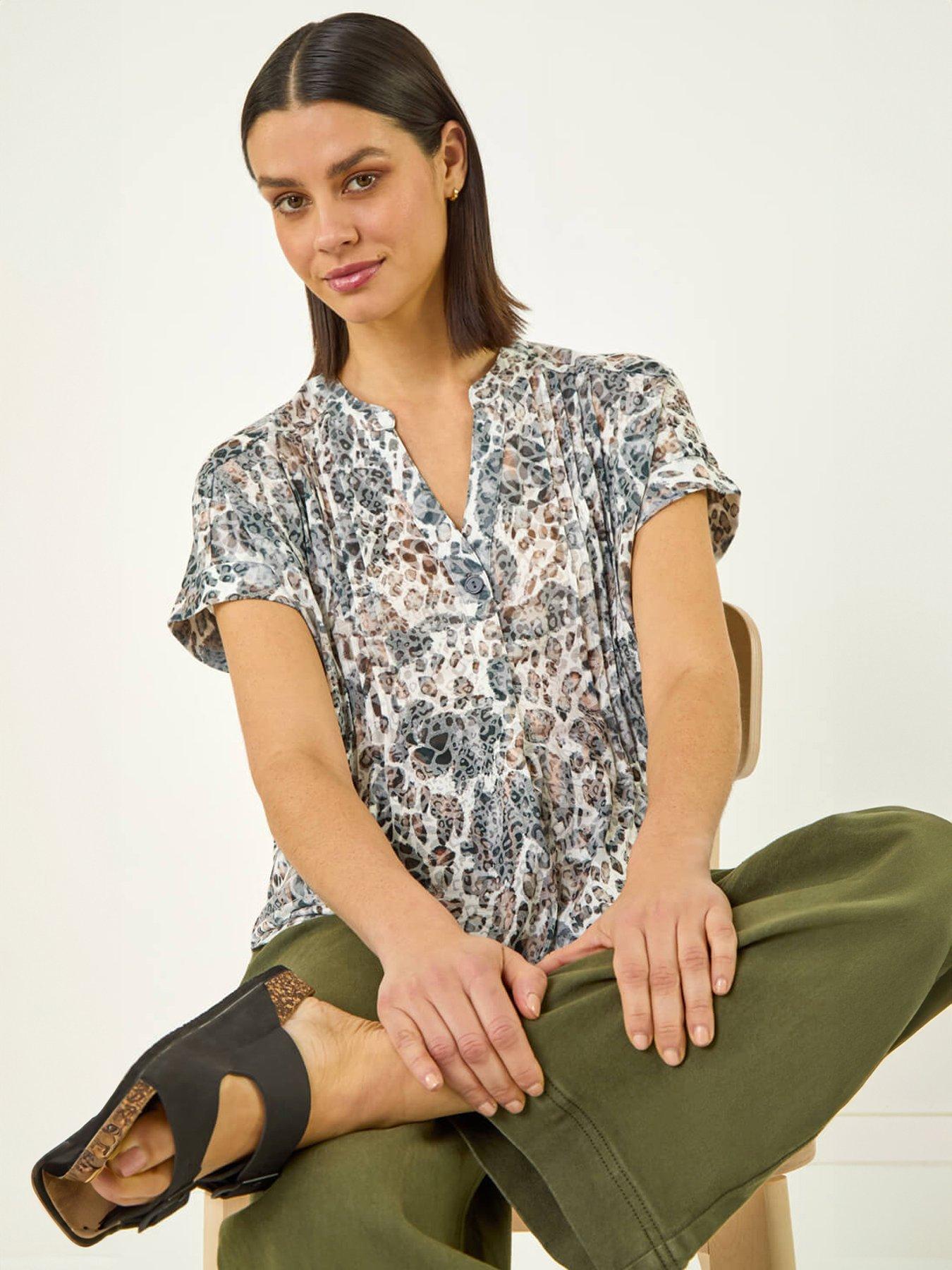 Roman Animal Print Pintuck Burnout Shirt
