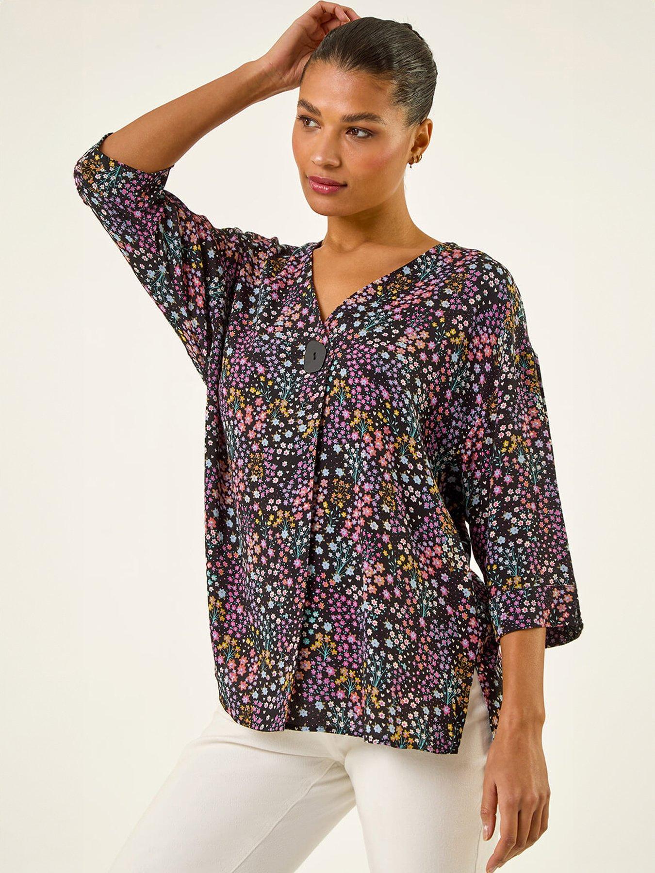 Image 3 of 5 of Roman Ditsy Floral V-Neck Kimono Top