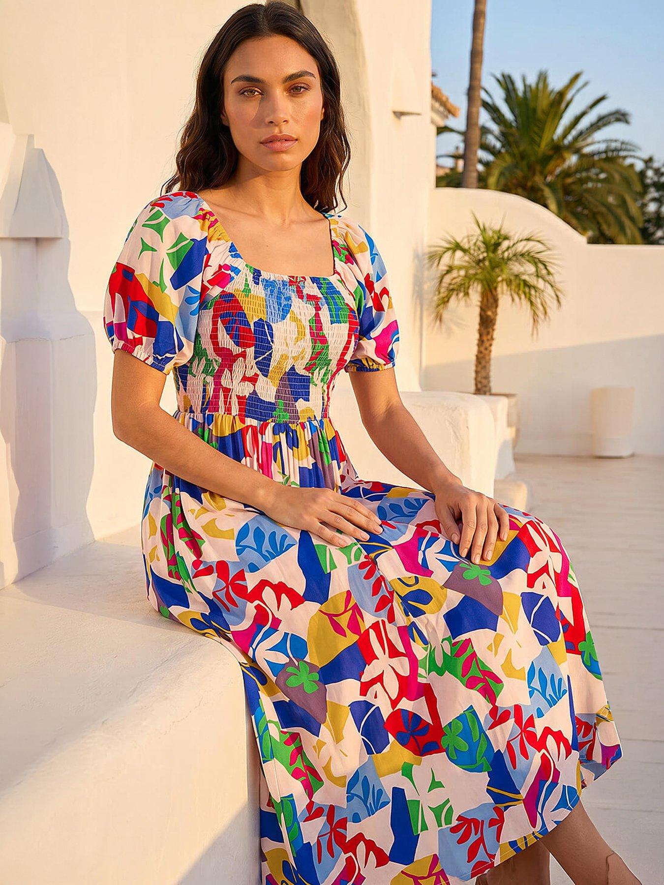 Roman Abstract Print Shirred Midi Dress, Multi, Size 20, Women