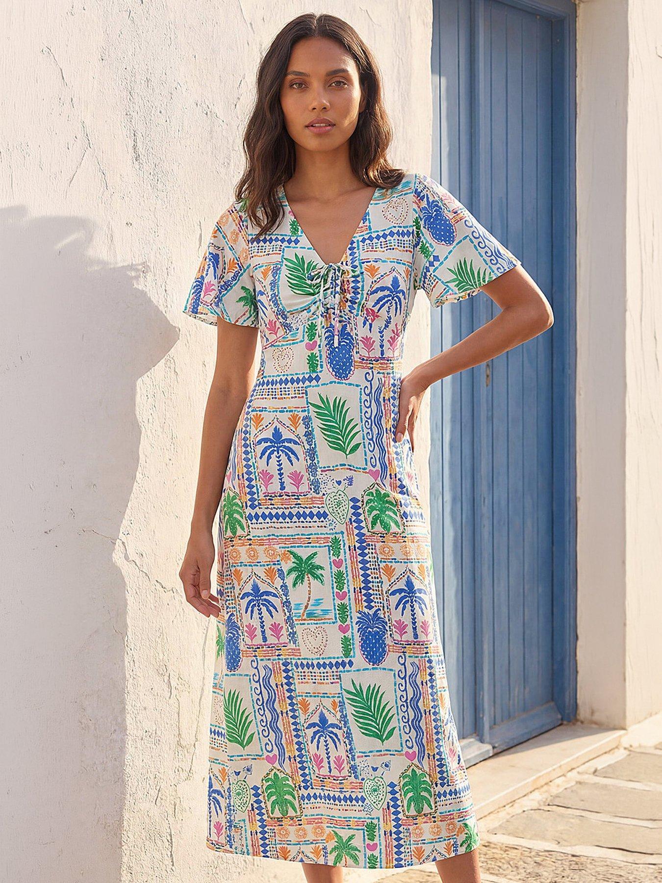 Roman Post Card Tie Dress, Blue, Size 14, Women