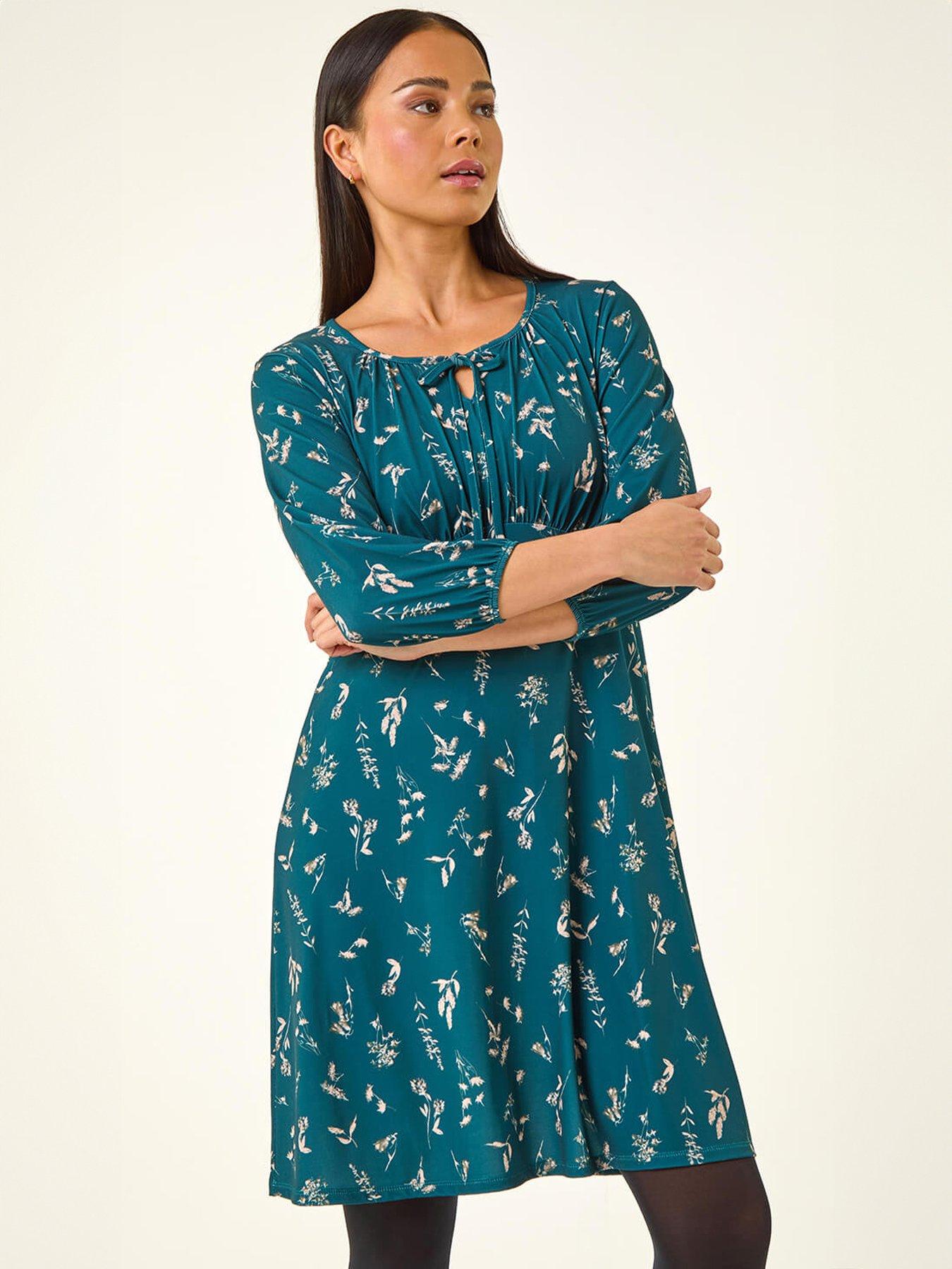 Roman Petite Floral Tie Front Stretch Dress, Blue, Size 18, Women