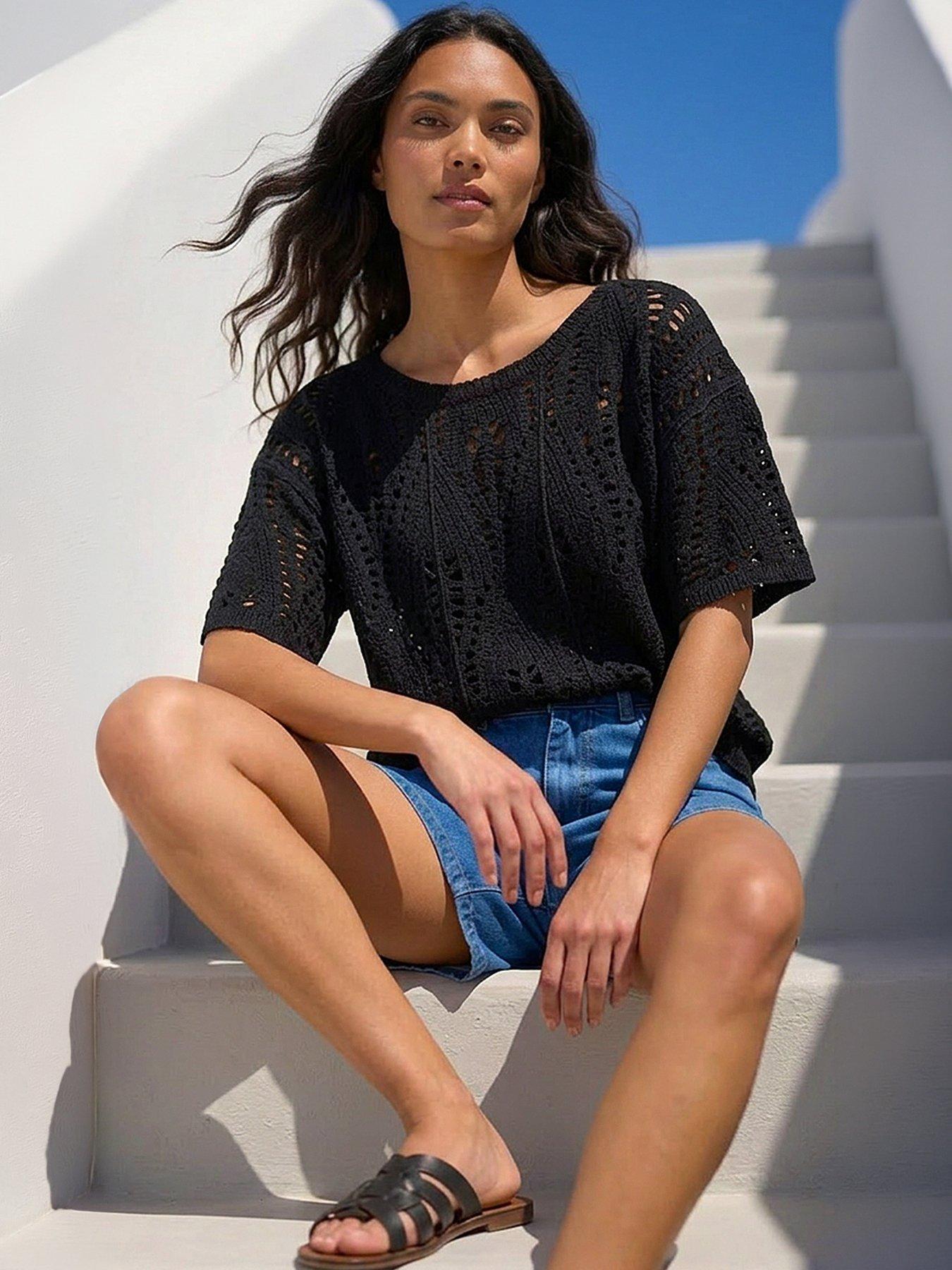 Roman Crochet Detail Knit Top, Black, Size Xl, Women