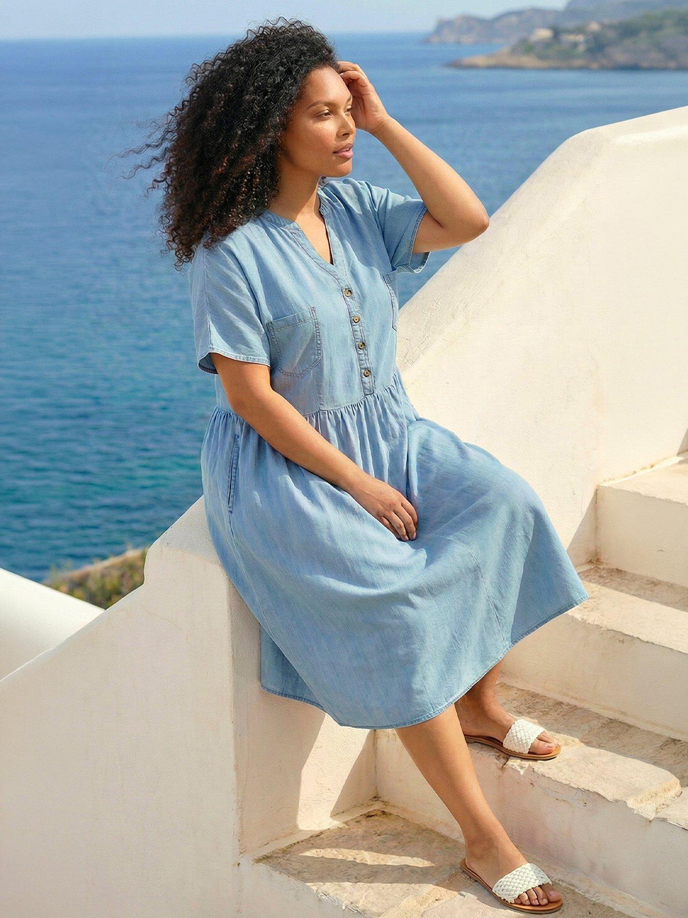 Roman Curve Buttoned Shirt Dress, Blue, Size 20, Women