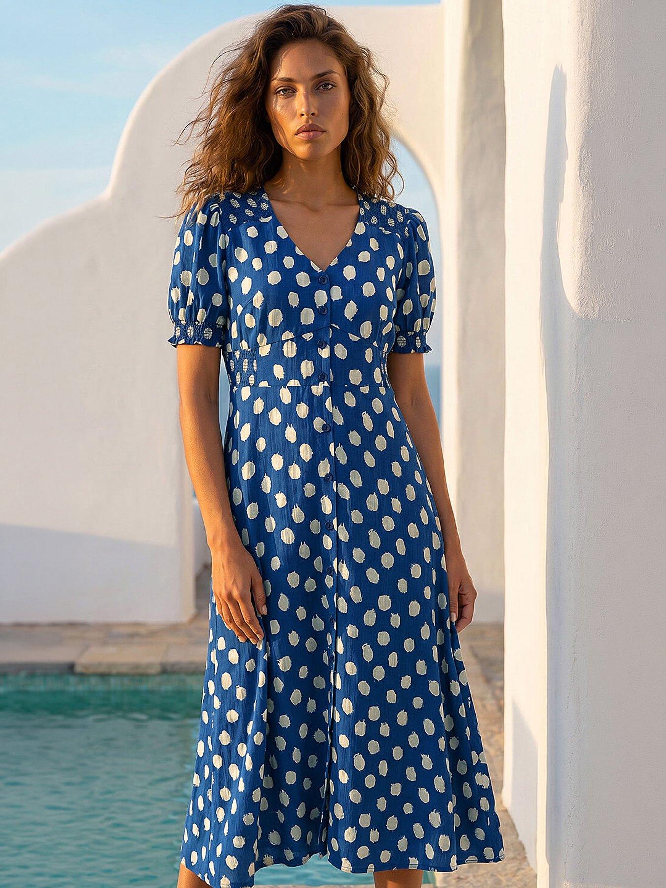 Roman Spot Print Button Midi Dress, Navy, Size 10, Women