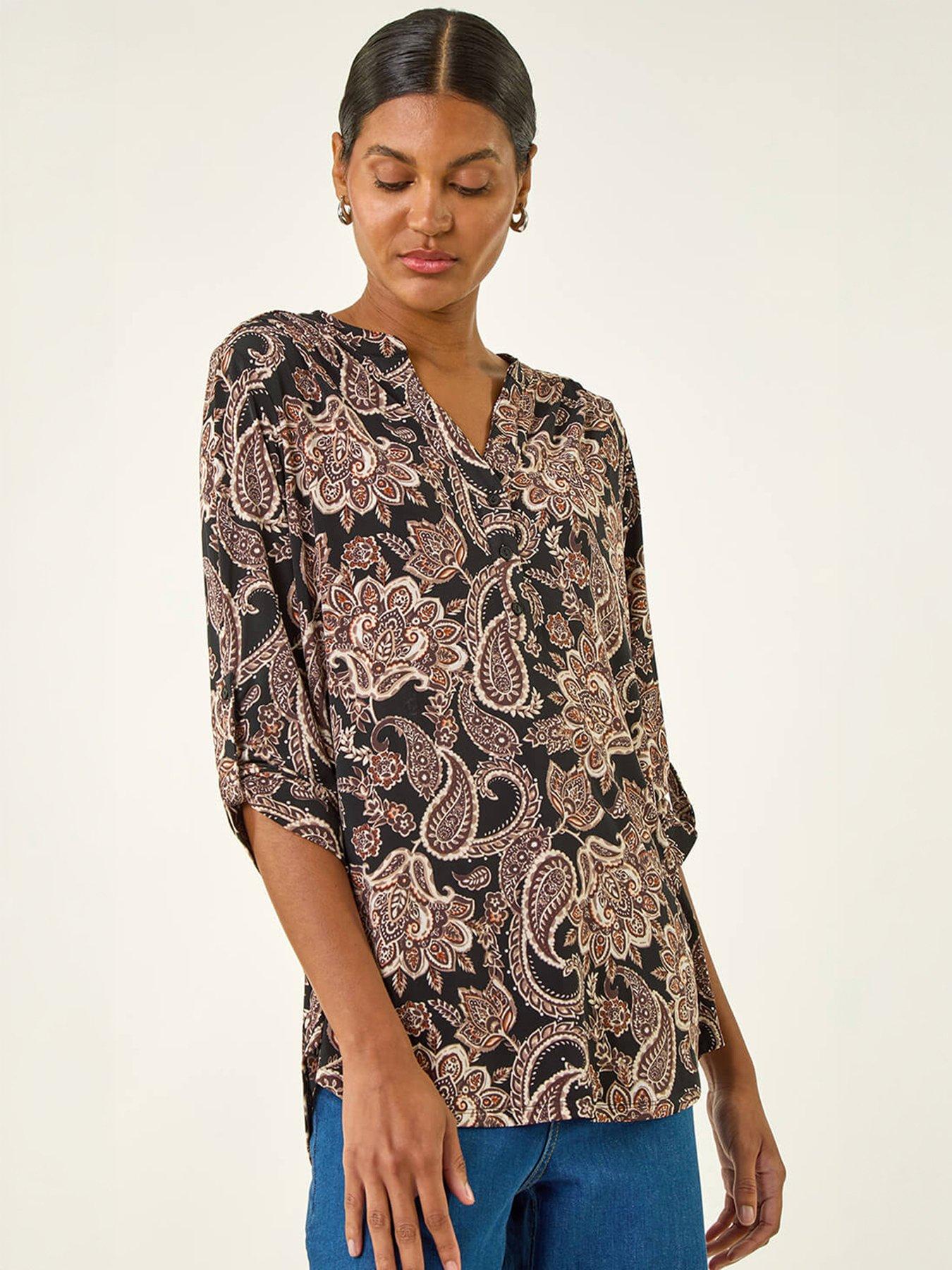 Roman Paisley Print V-Neck Stretch Shirt, Cream, Size 14, Women