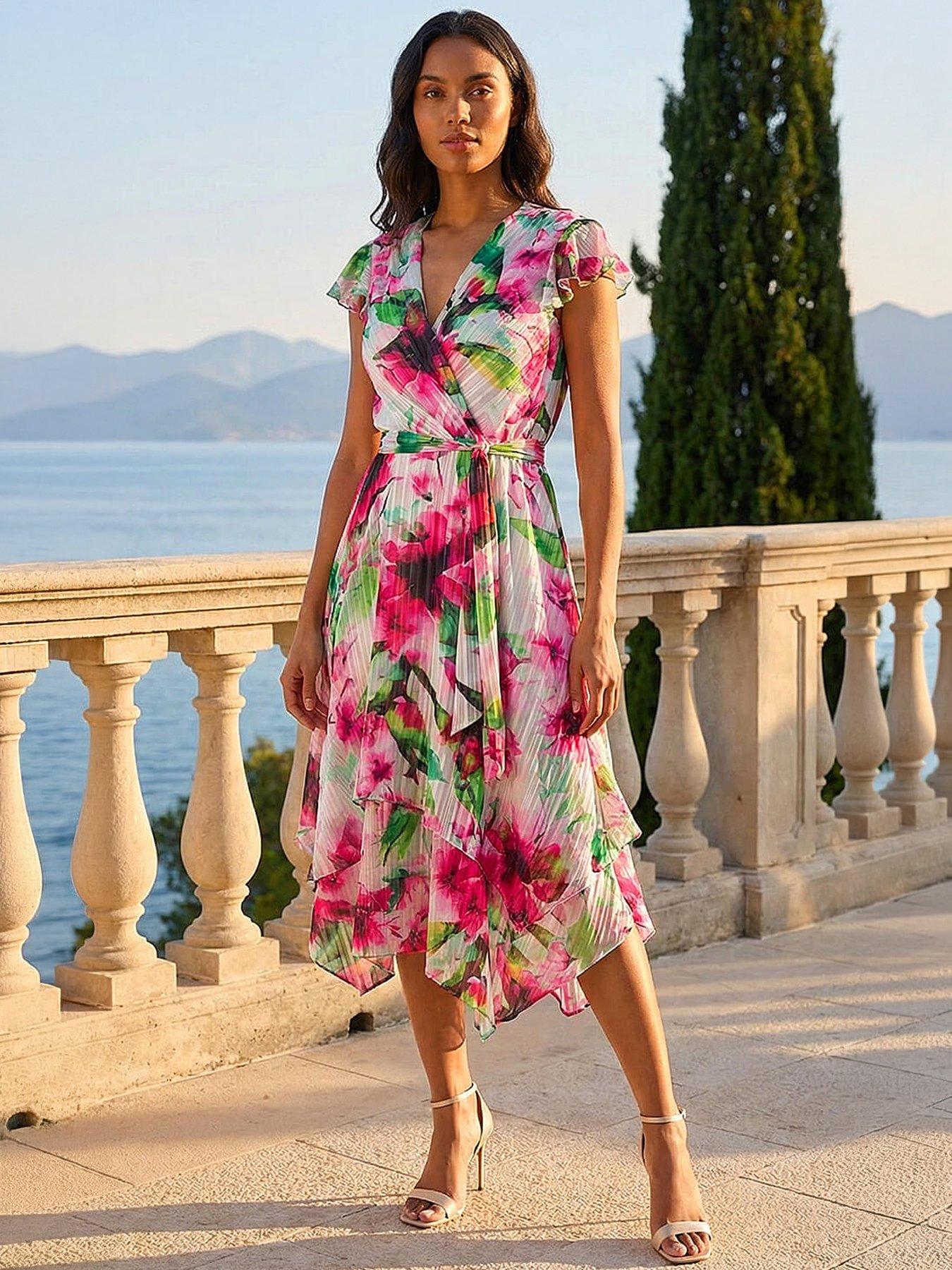 Roman Floral Ruffle Tie Waist Midi Dress