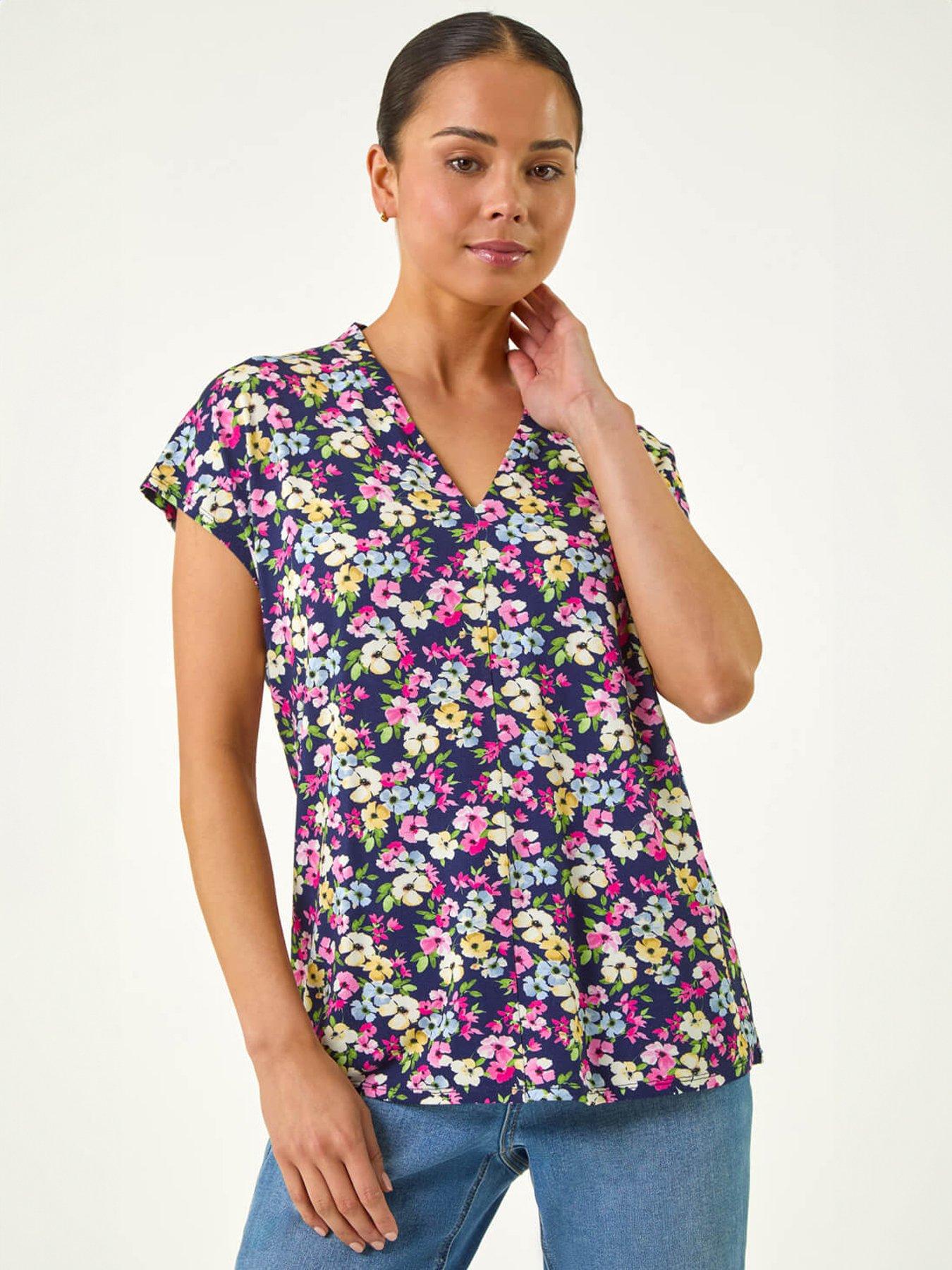 Roman Petite Floral V-Neck Stretch Top