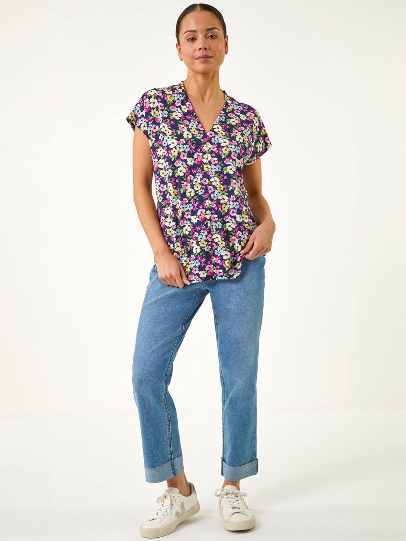 Image 3 of 5 of Roman Petite Floral V-Neck Stretch Top