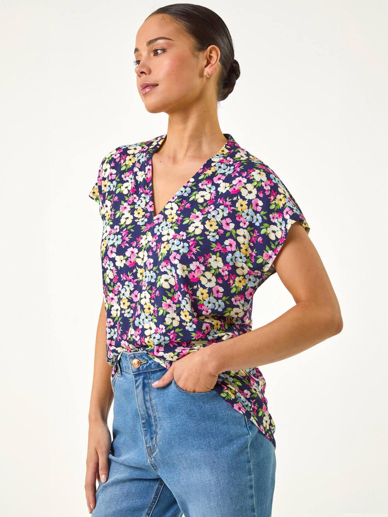 Image 4 of 5 of Roman Petite Floral V-Neck Stretch Top