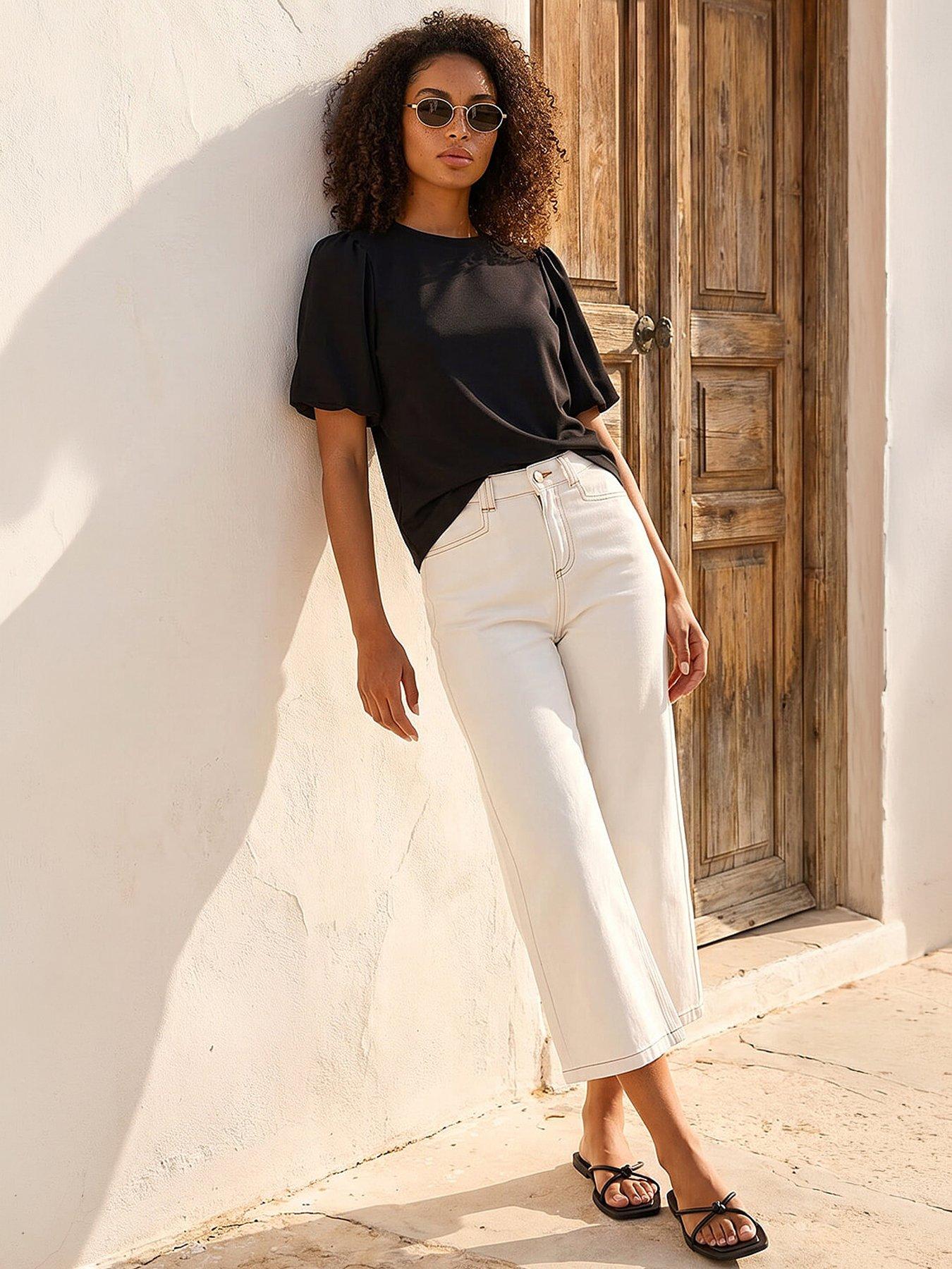 Roman Dusk Puff Sleeve Stretch T-Shirt, Black, Size 12, Women