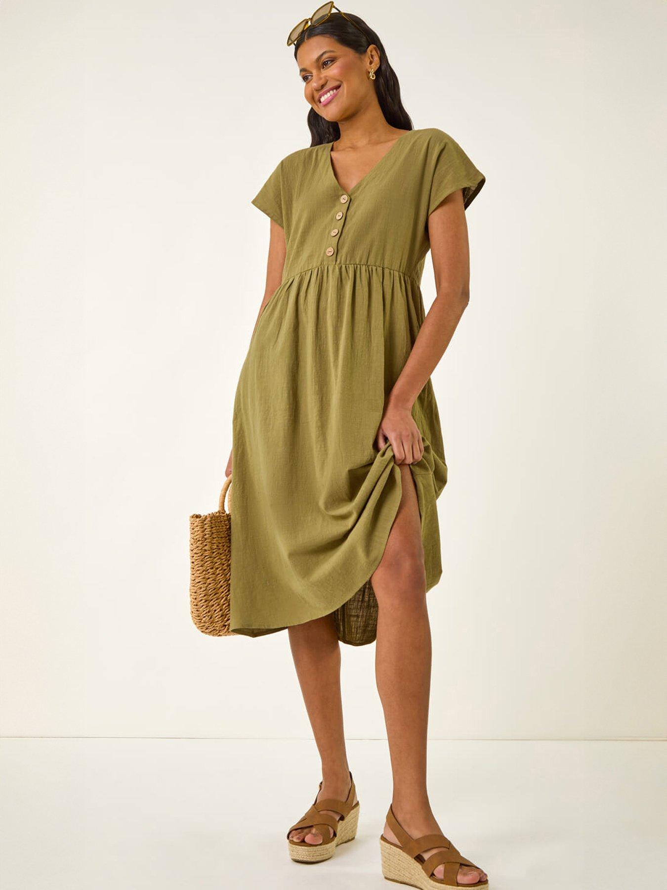 Roman Linen Look Button Midi Dress