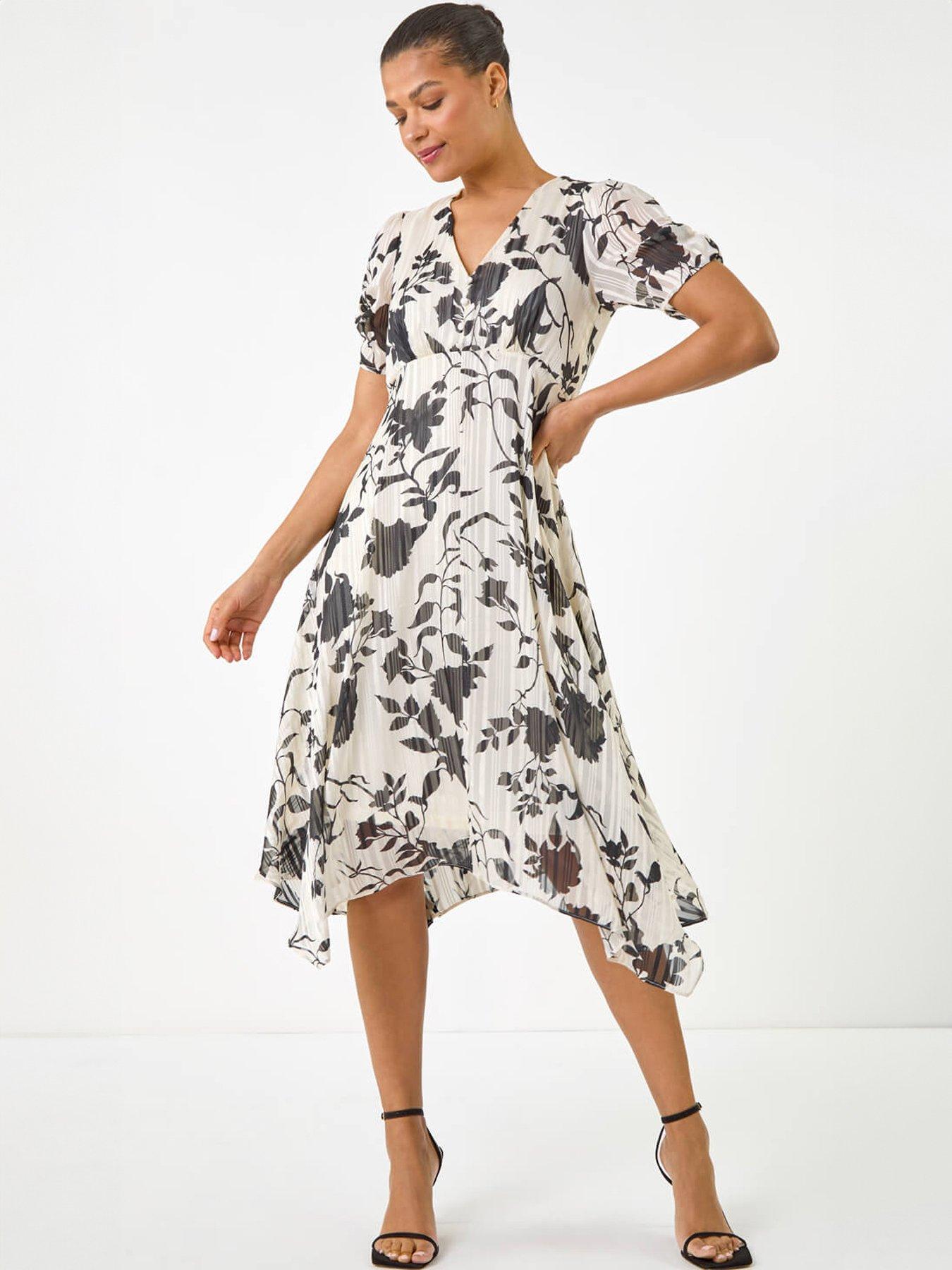 Roman Floral Print Hanky Hem Midi Dress