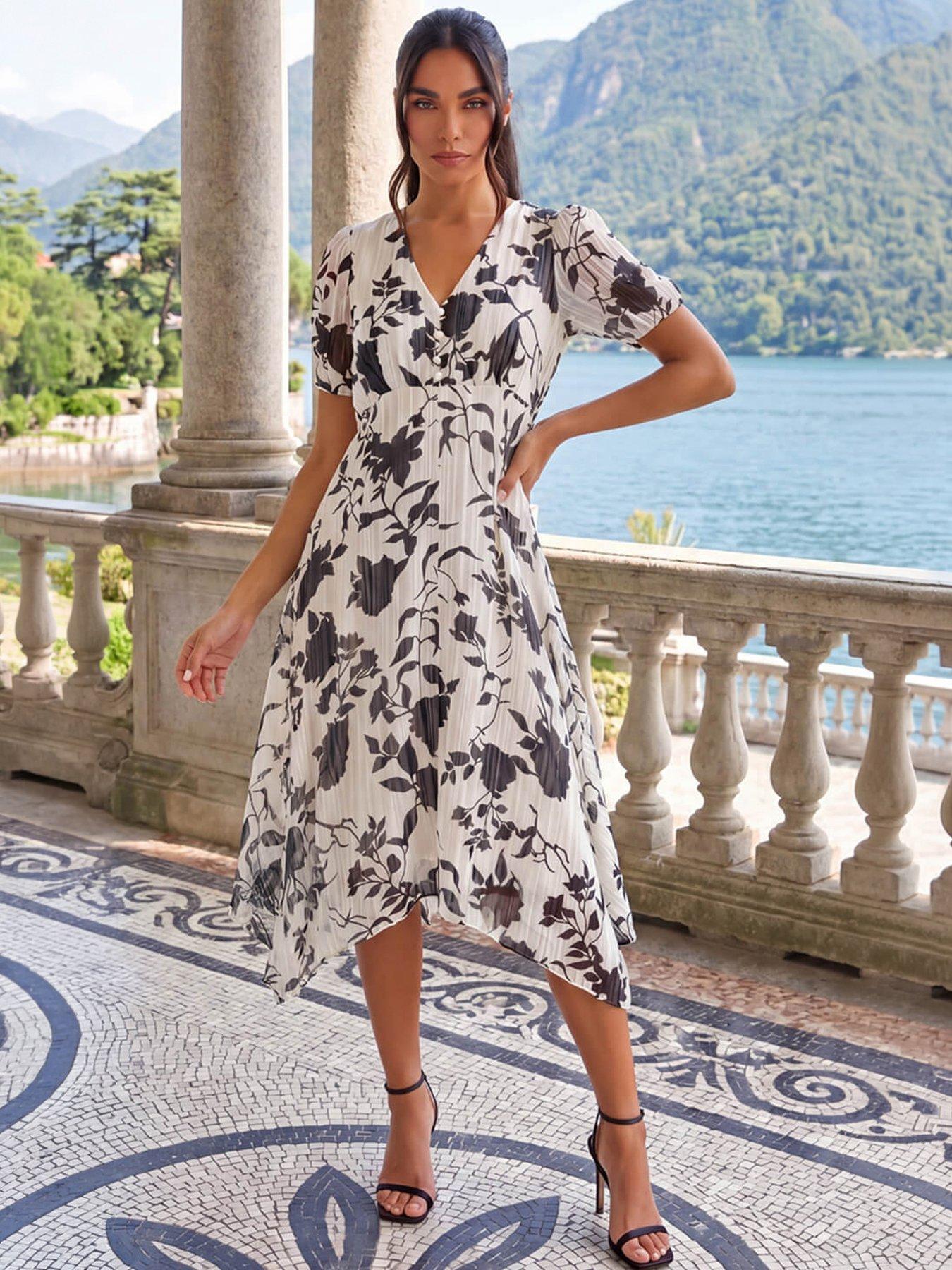 Roman Floral Print Hanky Hem Midi Dress