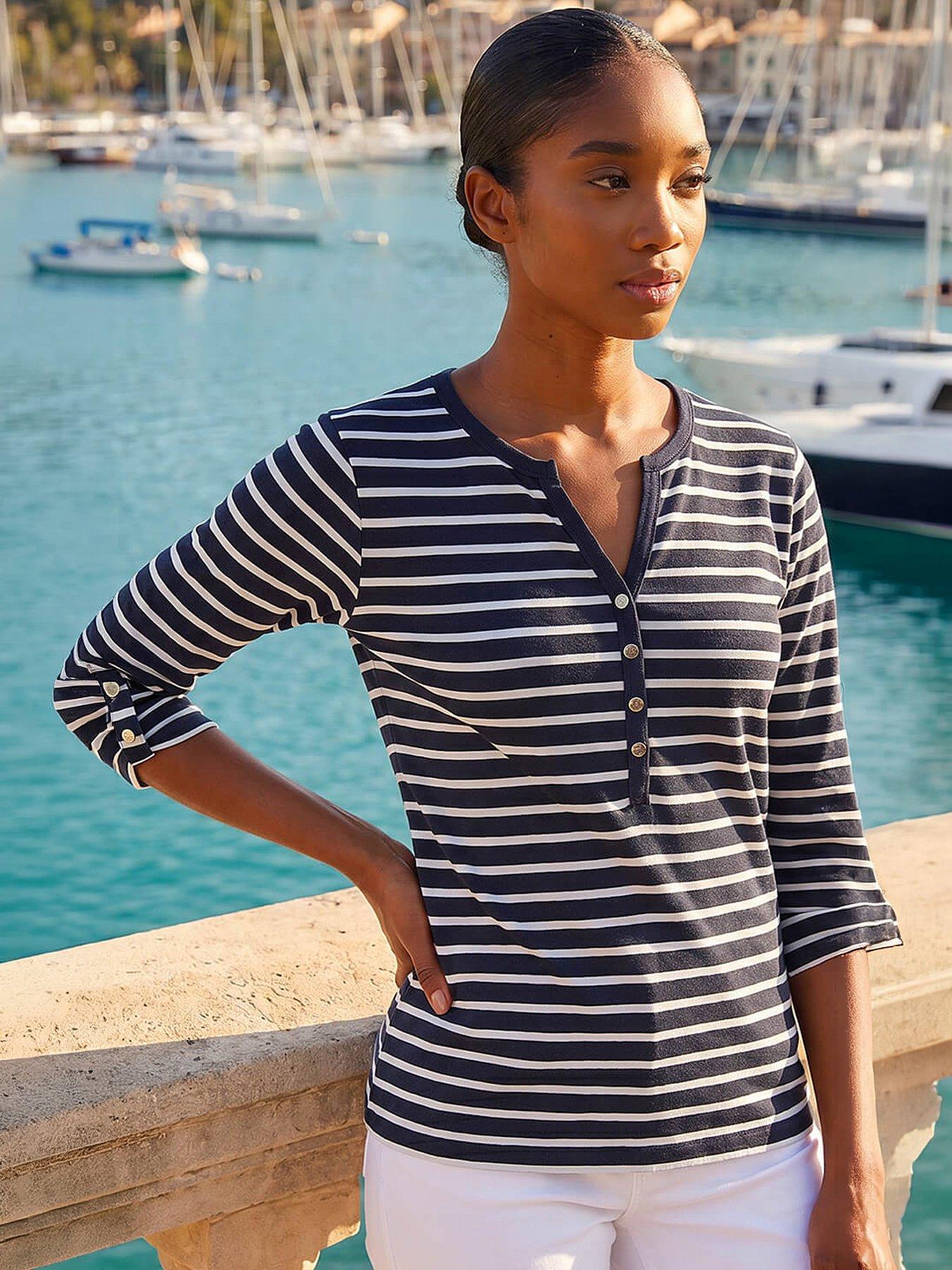 Roman Petite Stripe V-Neck Button Top