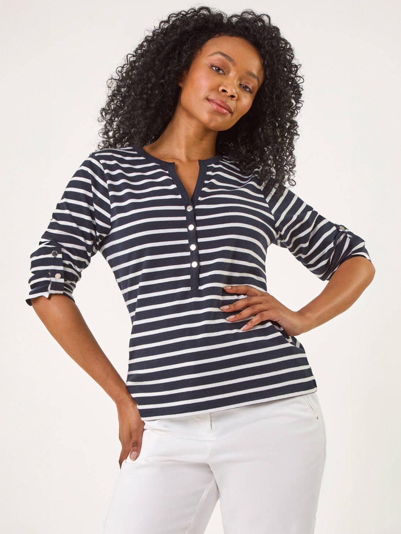 Roman Petite Stripe V-Neck Button Top