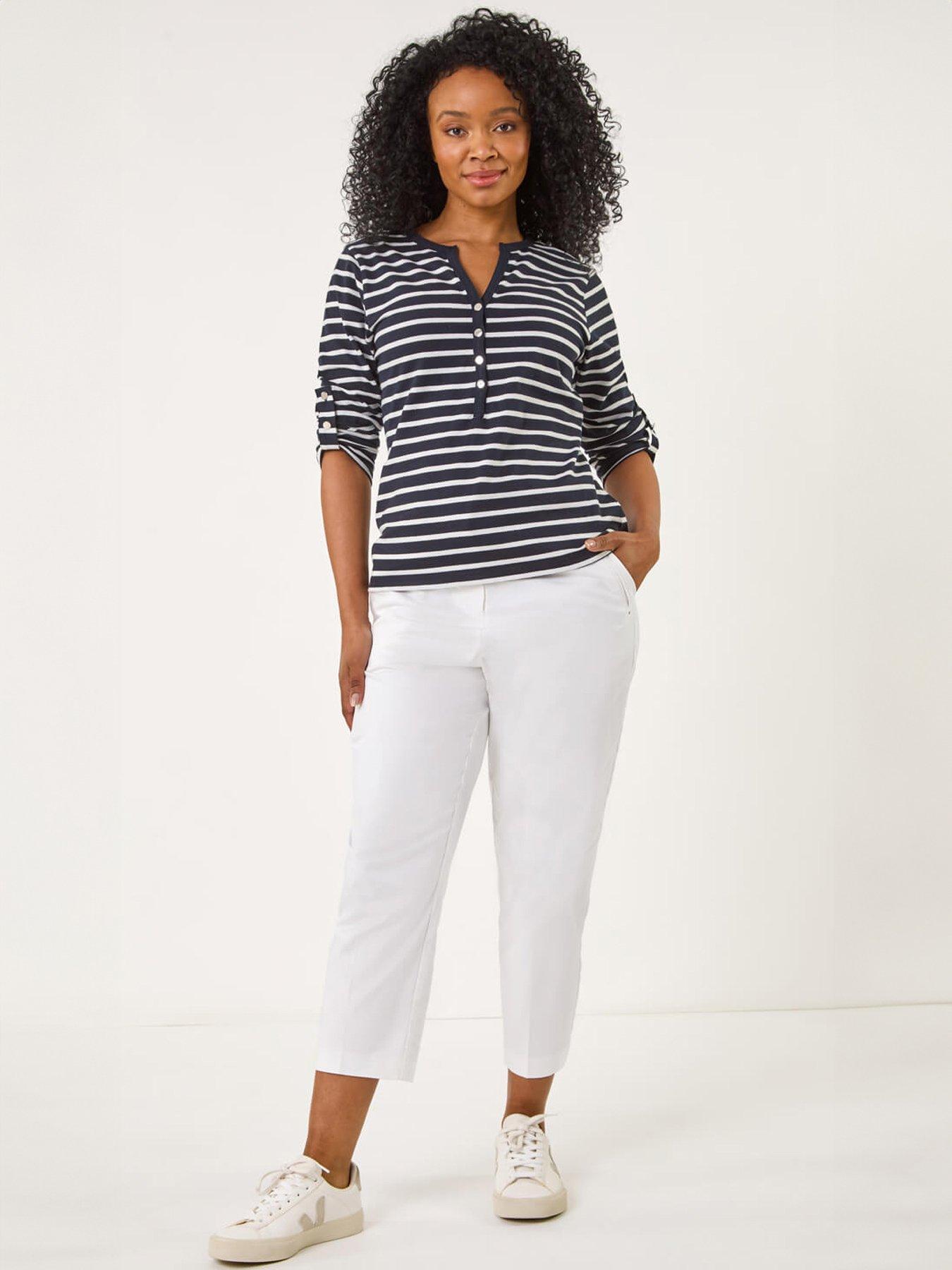 Image 3 of 5 of Roman Petite Stripe V-Neck Button Top