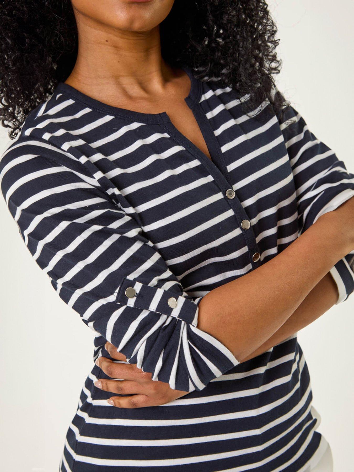 Image 5 of 5 of Roman Petite Stripe V-Neck Button Top