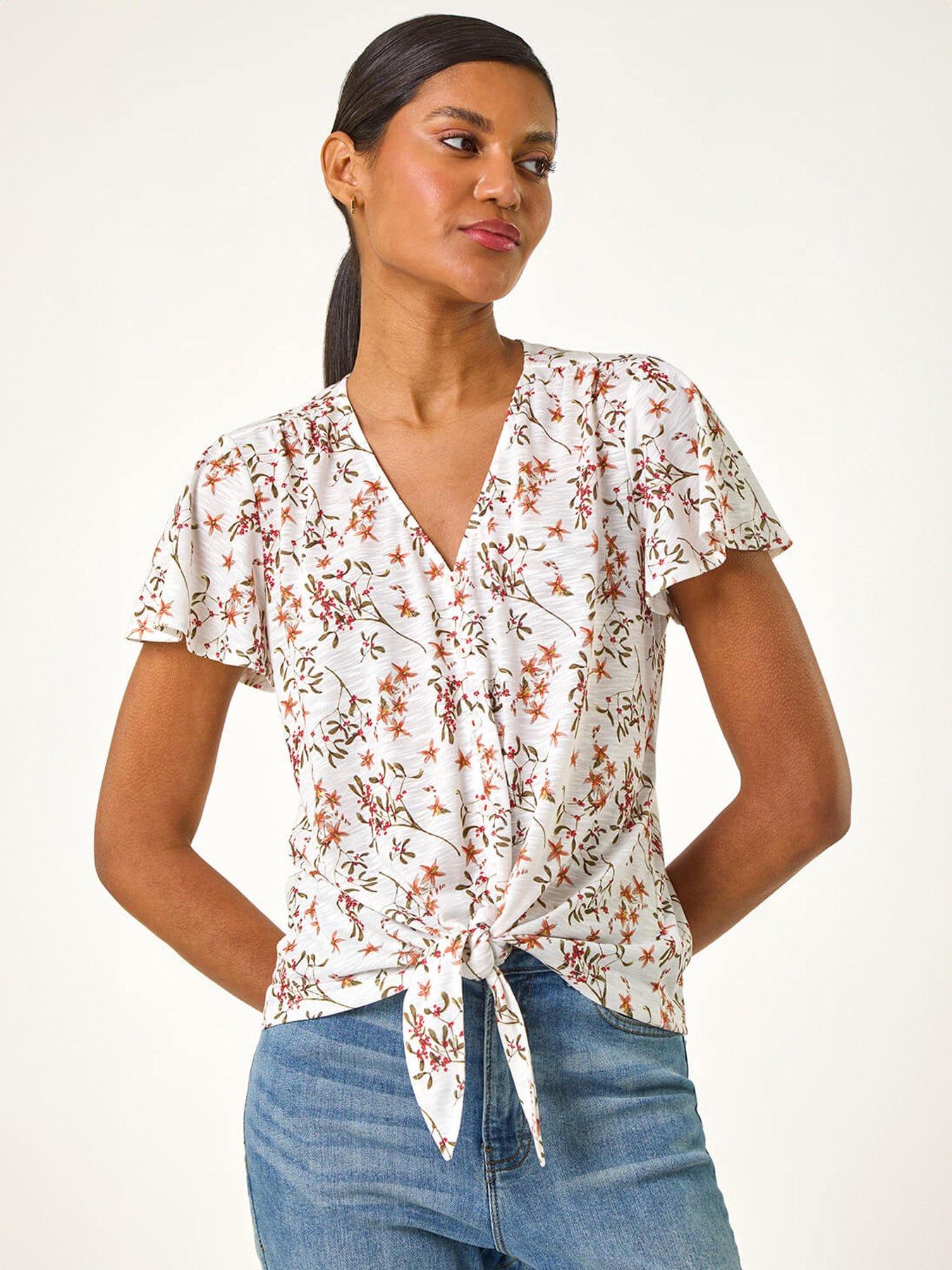 Roman Floral Print Tie Front Top