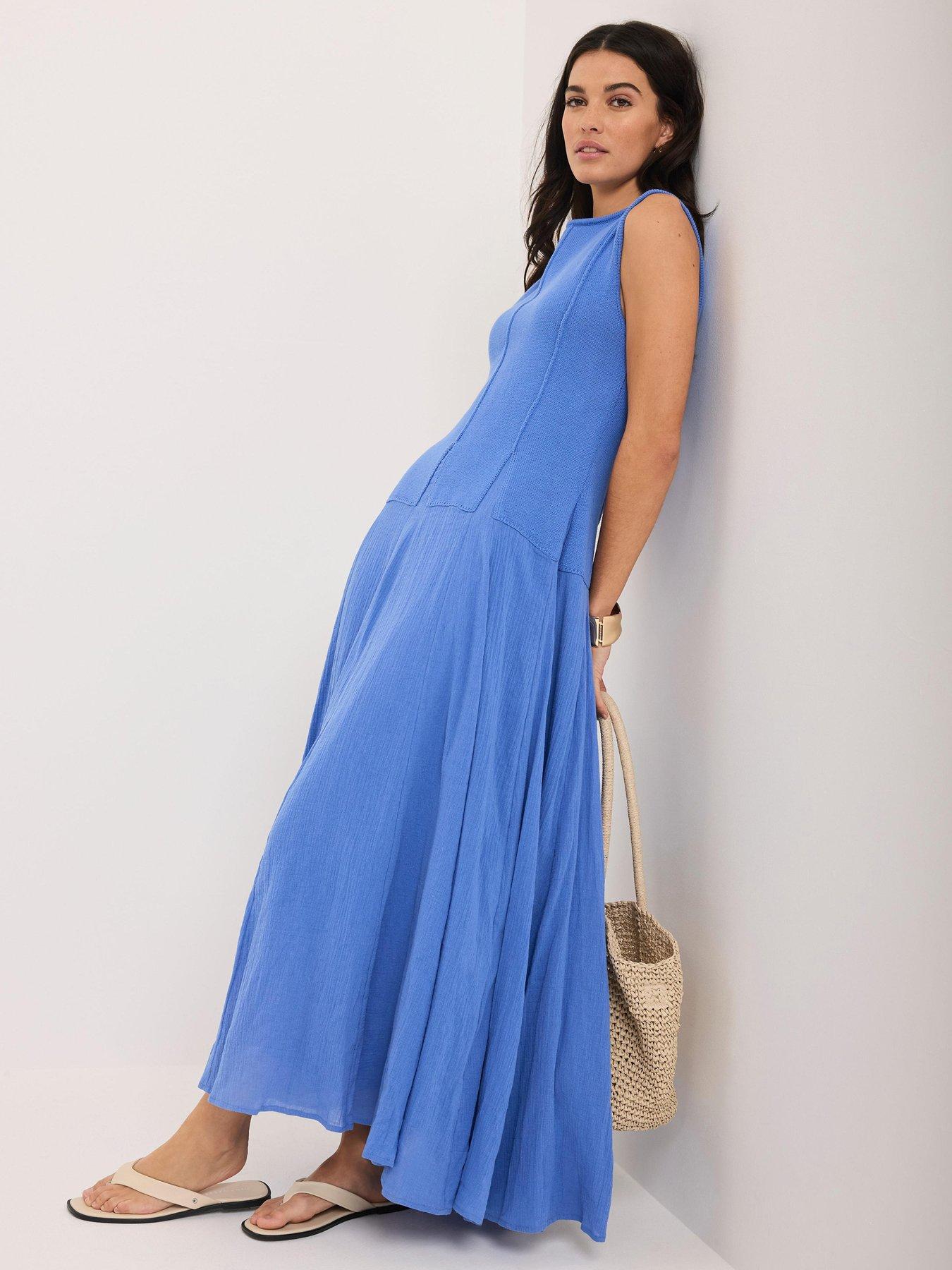 Mint Velvet Woven Mix Knit Dress - Blue