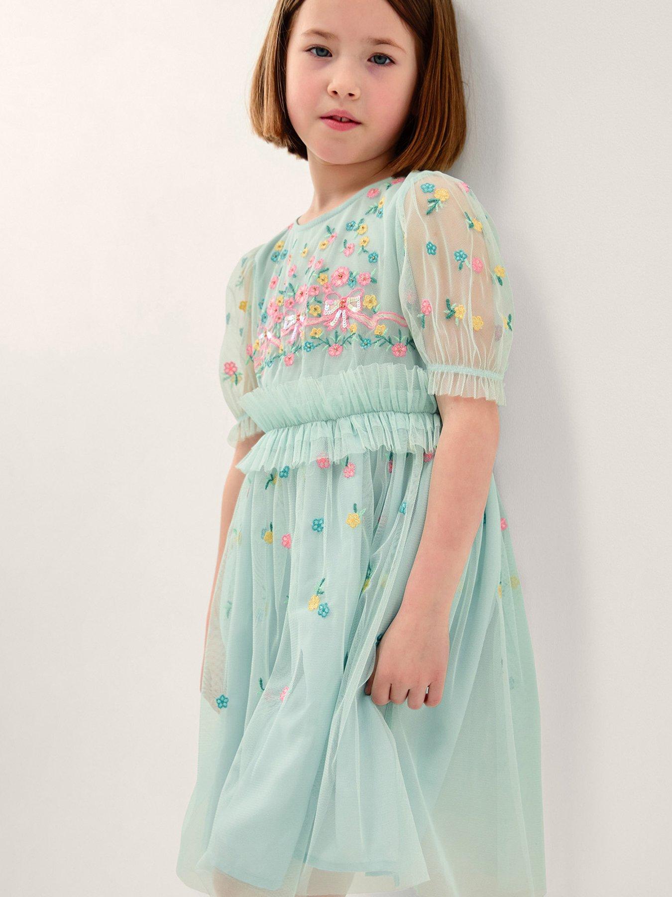Monsoon Girls Bow Embellished Mesh Dress, Blue, Size 14-15 Years