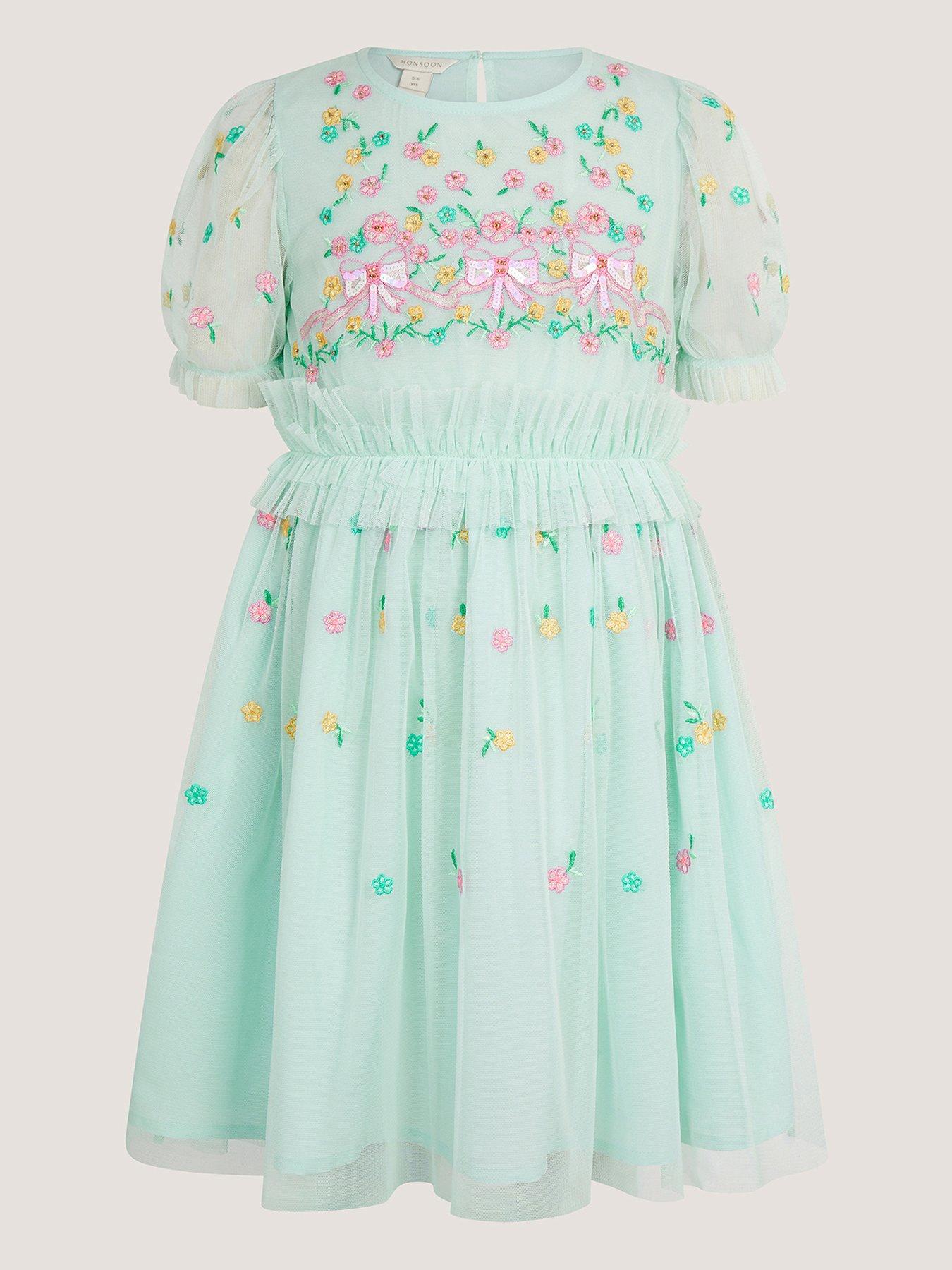 Monsoon Girls Bow Embellished Mesh Dress - Blue
